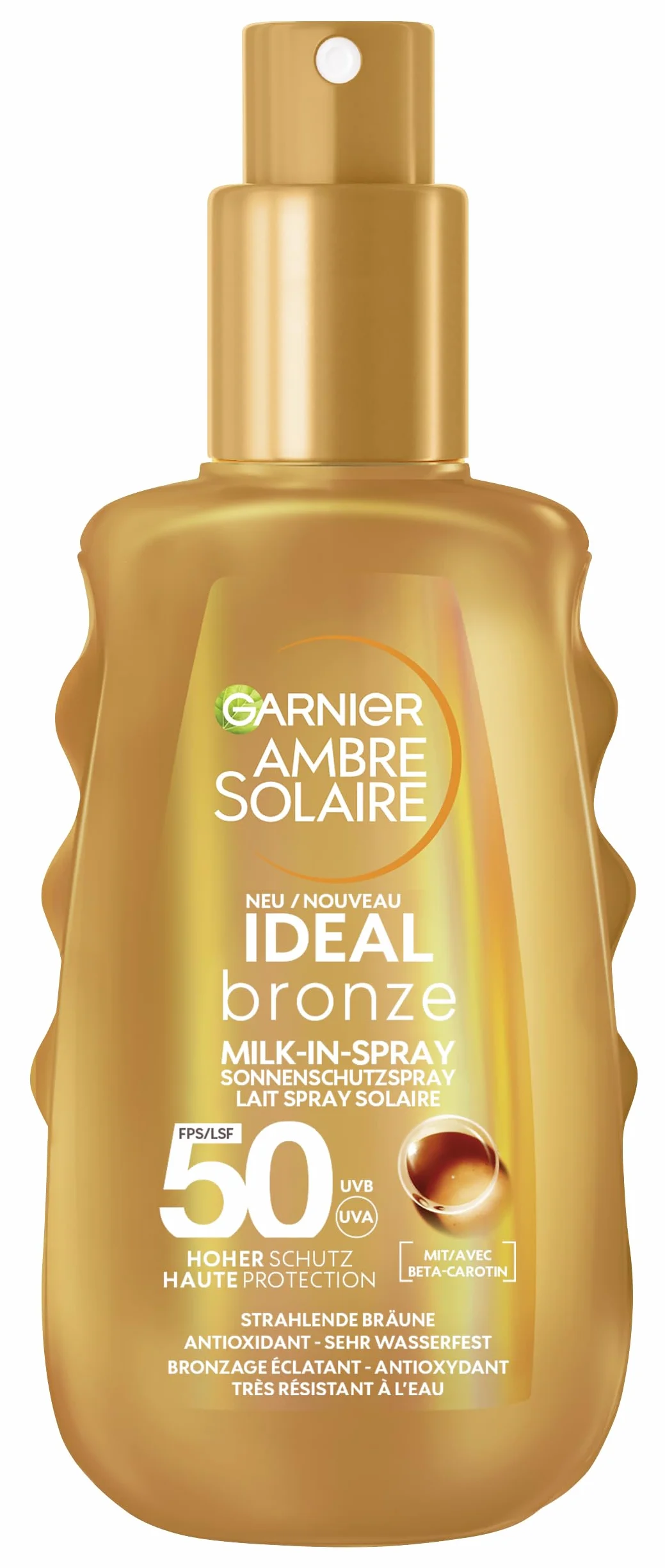 Garnier Spray do ochrony przeciwsłonecznej UV dla promiennej opalenizny, bardzo wysoka ochrona przed słońcem z LSF 50, wodoodporny, Ambre Solaire Ideal Bronze Milk-in Spray, 1 x 150 ml