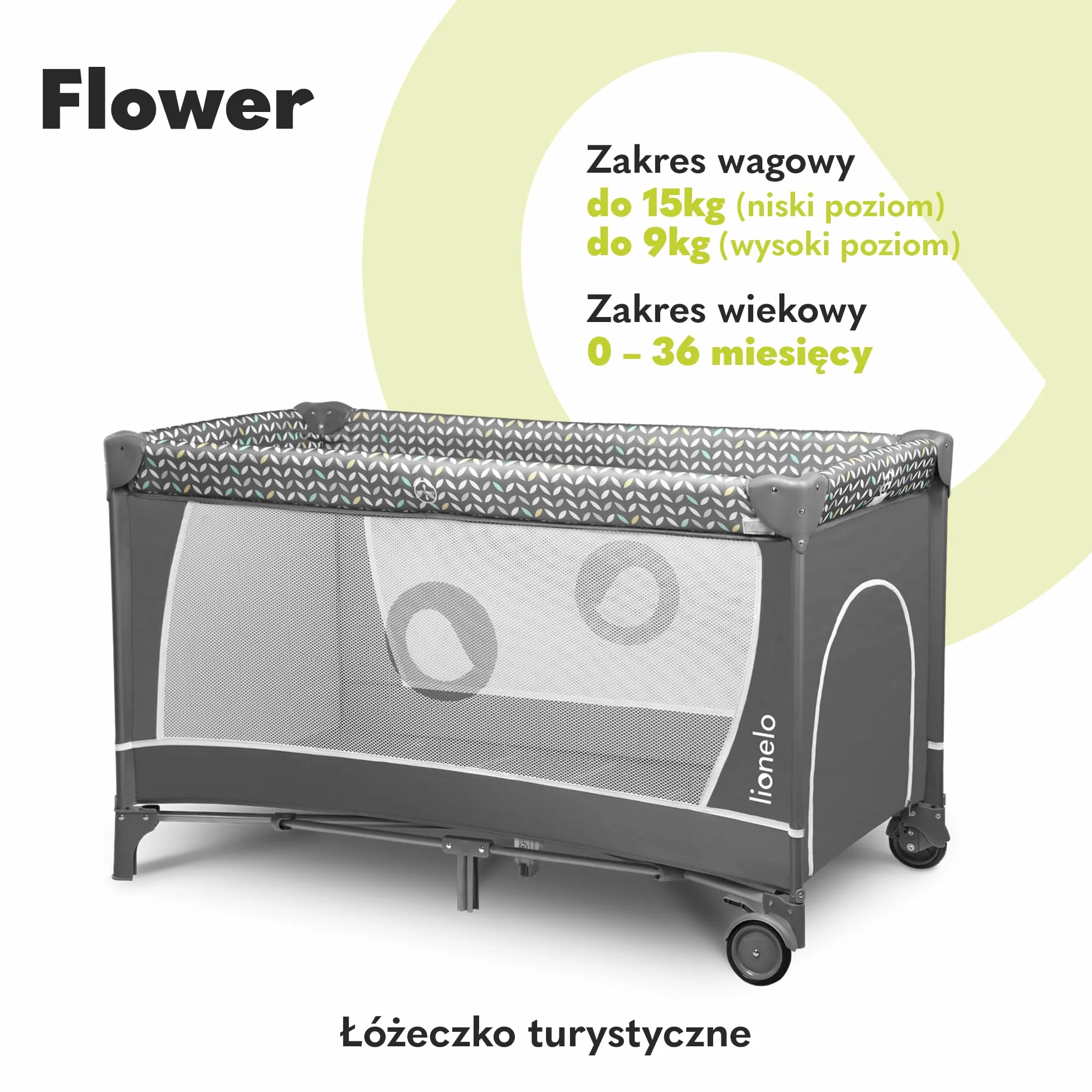 Lionelo Flower Łóżeczko Turystyczne dla Niemowląt z Wejściem Bocznym, Przewijak, Dwie Wysokości Materaca, Łuk Zabawkowy z Figurkami, Kółka, Torba