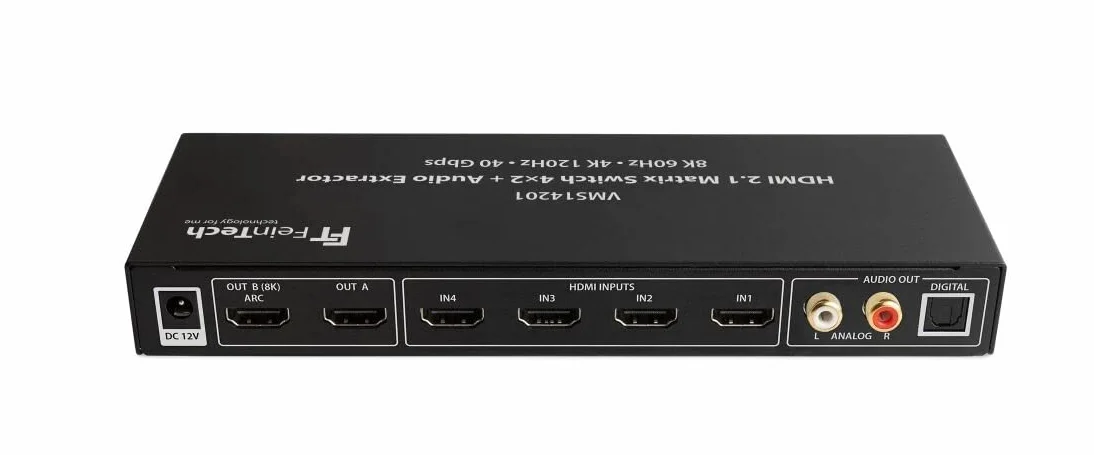 FeinTech VMS14201 HDMI 2.1 Matrix Switch 4 x 2 przełącznik 4K 120 Hz 8K Ultra HD 4 w 2 Out Audio Extractror ARC Toslink SPDIF Downscaler do Xbox PS5 TV Monitor HDR VRR 40 Gbps