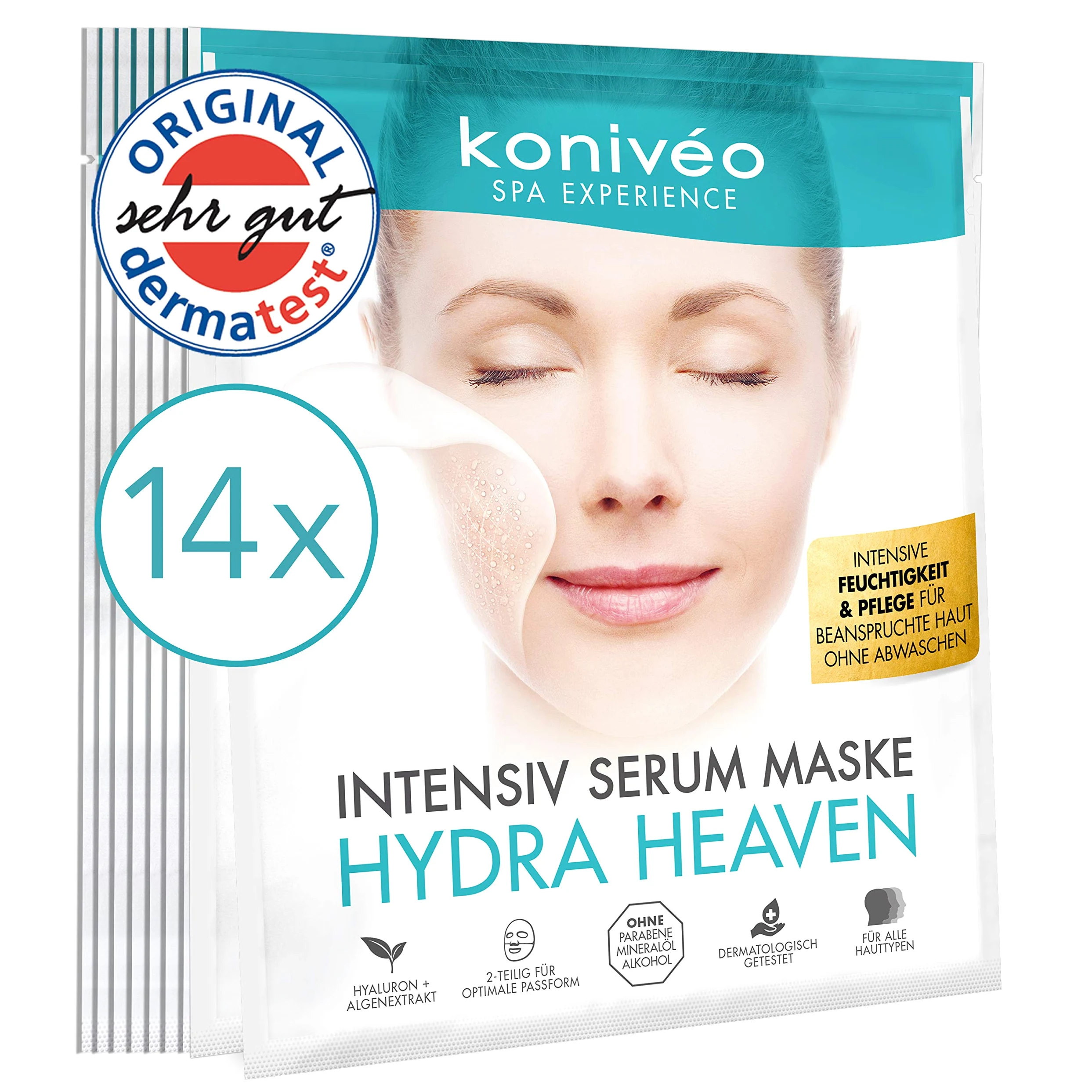 Premium Tuchmasken mit Hyaluron - Hydrogel Gesicht Maske für strahlend-schöne Haut. Intensiv Serum Gesichtsmaske Tuchmaske Vliesmaske ohne Parabene. Derma Test Note SEHR GUT / 14 er Maxi-Spar Set