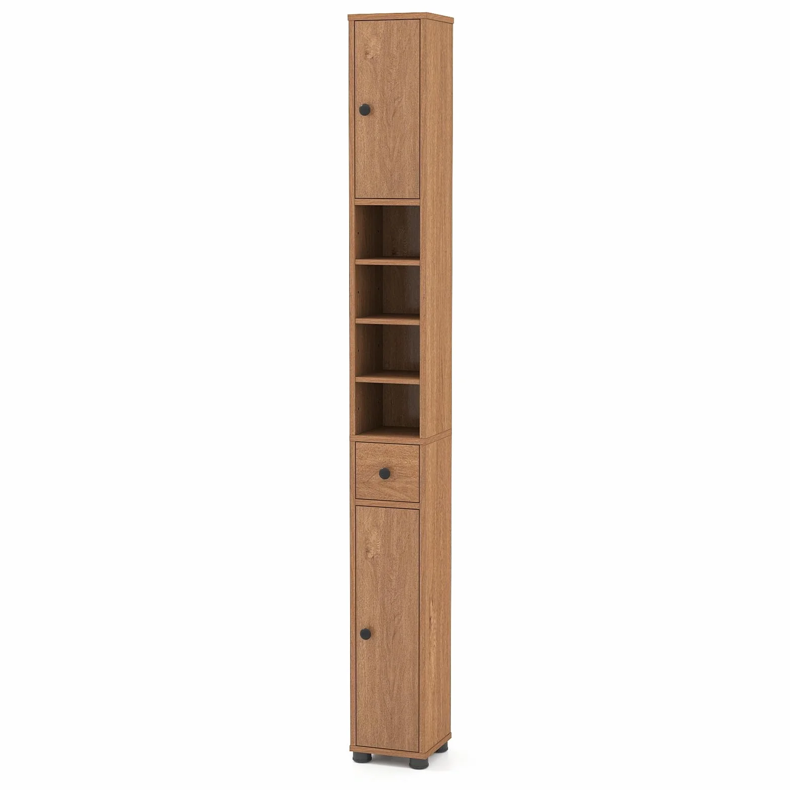 COSTWAY wąska szafka łazienkowa z 2 drzwiami, 1 szufladą, regulowanymi półkami, 20x20x180 cm, naturalna