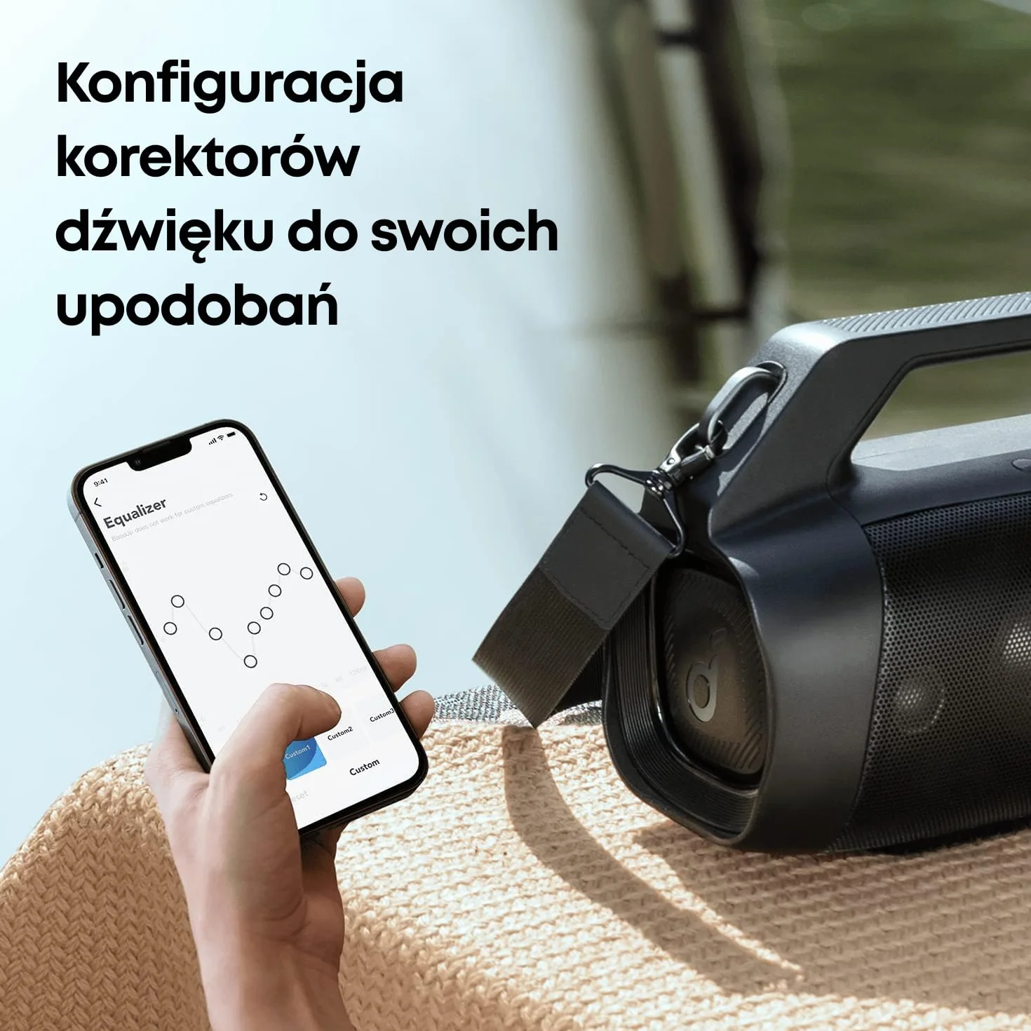 Soundcore Motion Boom Plus od Anker to przenośny głośnik Bluetooth 80 W z wodoodpornością i pyłoszczelnością IP67, portem USB-C, personalizowanym EQ, Bluetooth 5.3, idealny na kemping