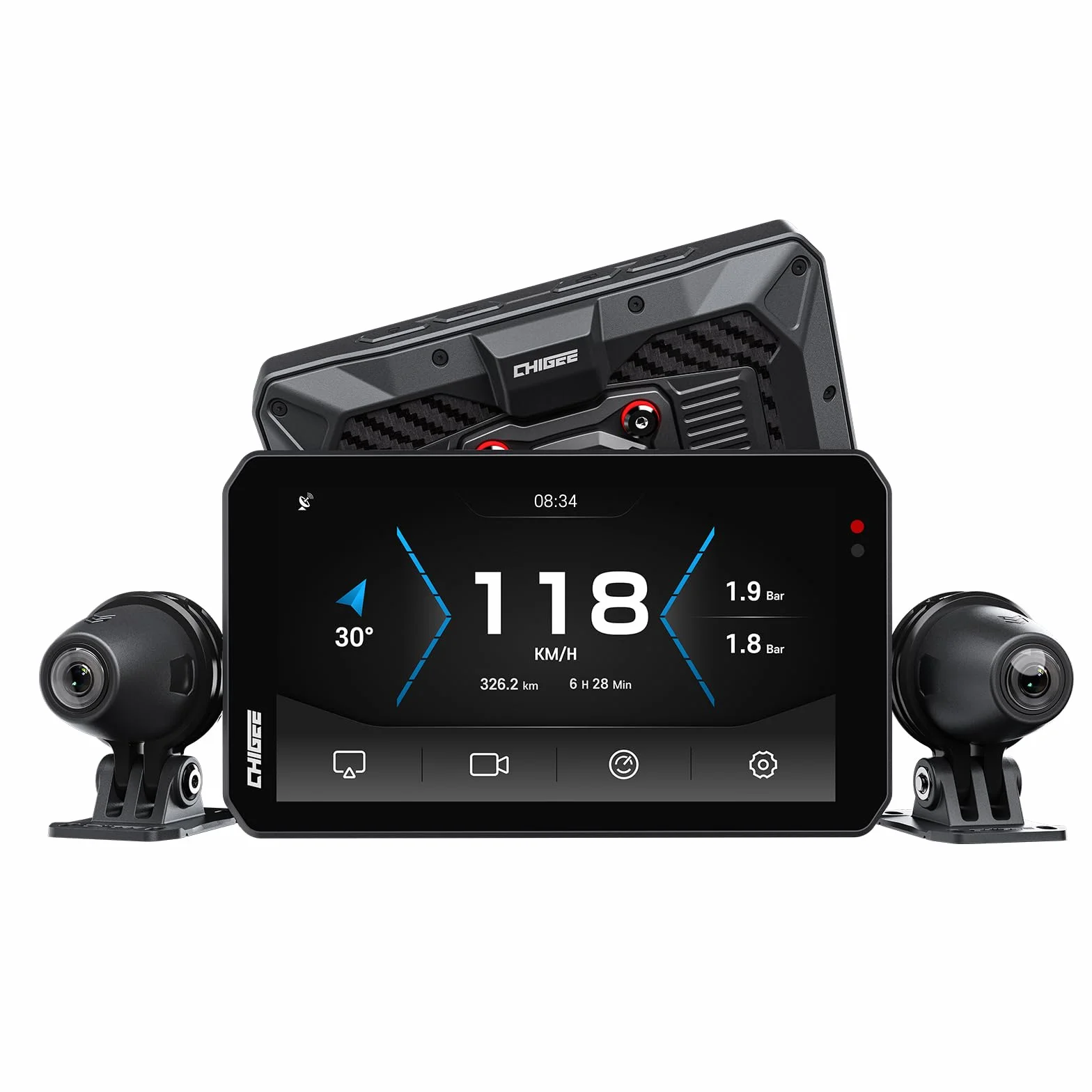 CHIGEE AIO-5 Evo 5" motocykl Carplay System nawigacji GPS z bezprzewodową funkcją CarPlay i Android Auto, podwójny aparat 1080p, wykrywanie punktu w ciemno, sterowanie kamerą akcji, wodoodporność