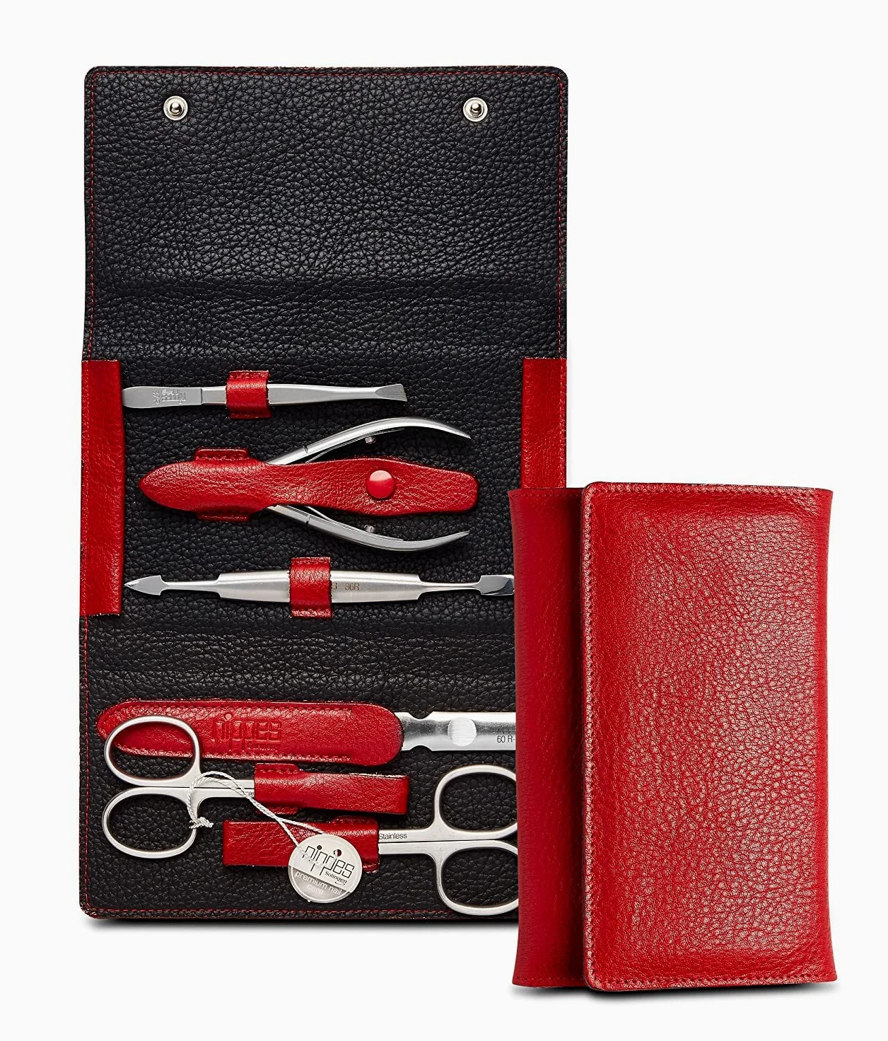 nippes Solingen Premium Line Wild Red, 6-częściowy zestaw do manicure, stal nierdzewna, nie zawiera niklu, etui ze skóry bydlęcej z zatrzaskami, czerwony/czarny, zestaw do pielęgnacji paznokci, Made