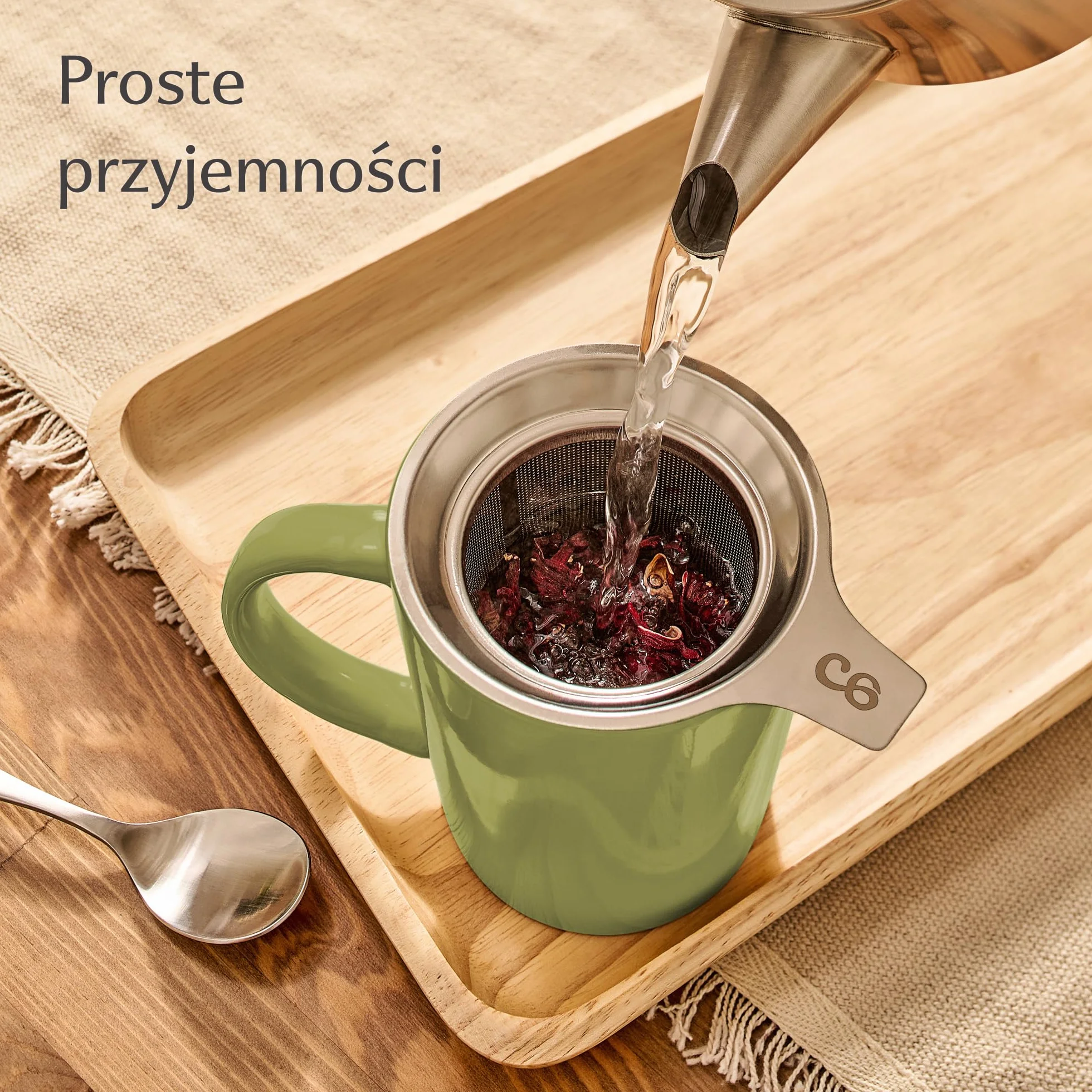 Filiżanka do herbaty ceramiczna z sitkiem i pokrywką 400 ml zieleń matcha