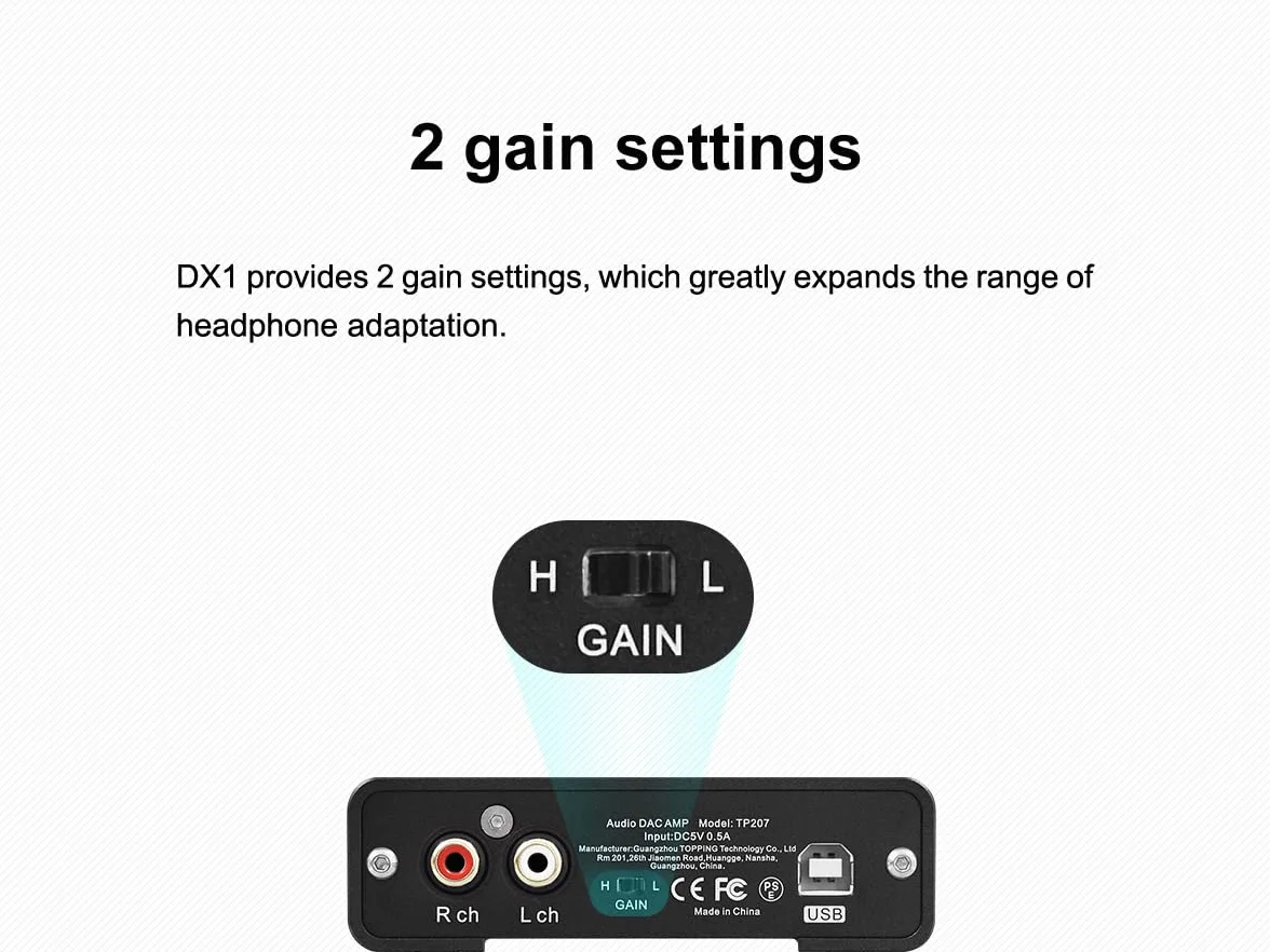TOPPING DX1 obsługuje do DSD256 i PCM384, THD+N <0,0002%, XMOS, XU208, najnowszy AK4493S, 2 ustawienia wzmacniacza, Hi-Res Audio, DAC i wzmacniacz słuchawkowy (czarny)