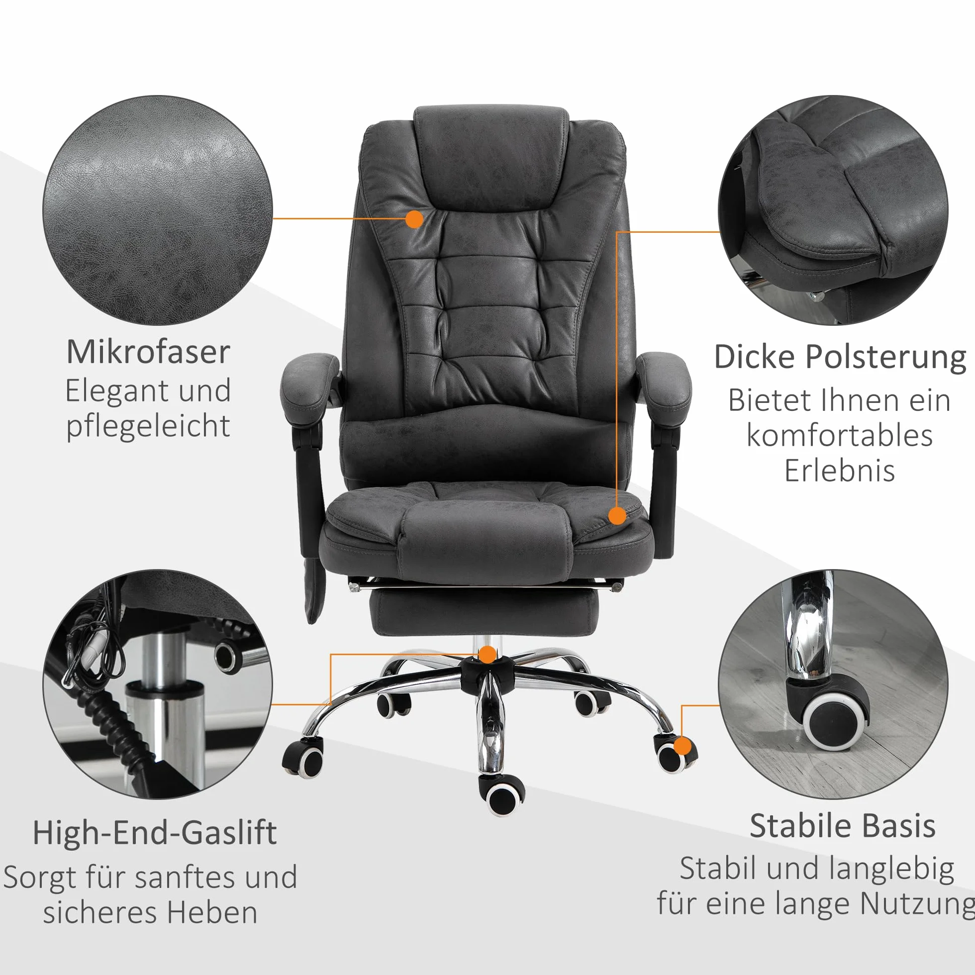 Vinsetto Ergonomiczne krzesło biurowe z masażem, ogrzewaniem, podnóżkiem, regulacja wysokości, szare