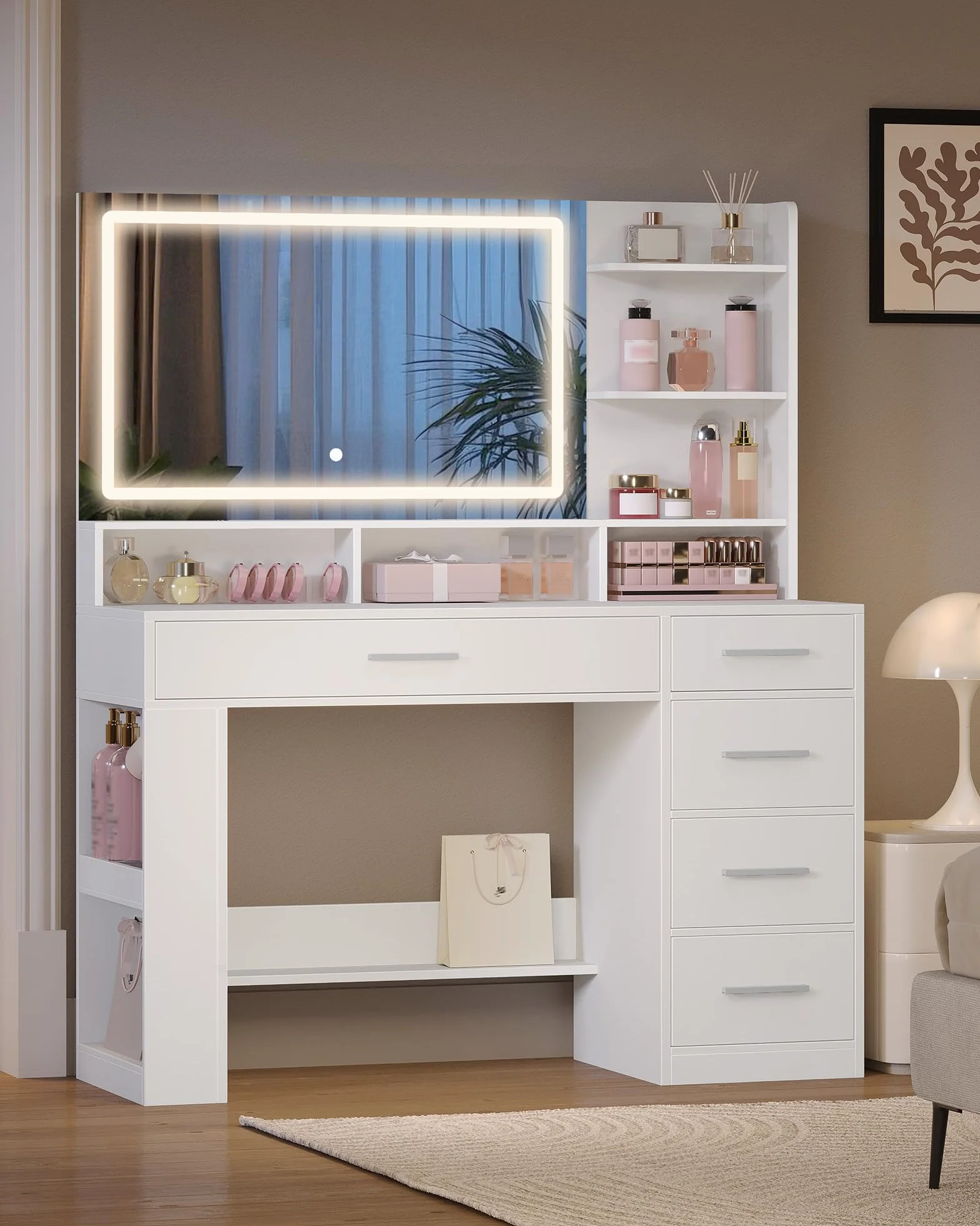 Hzuaneri Toaletka z Lustrem Hd i Oświetleniem Led, 6 Przegrodami, 5 Szufladami