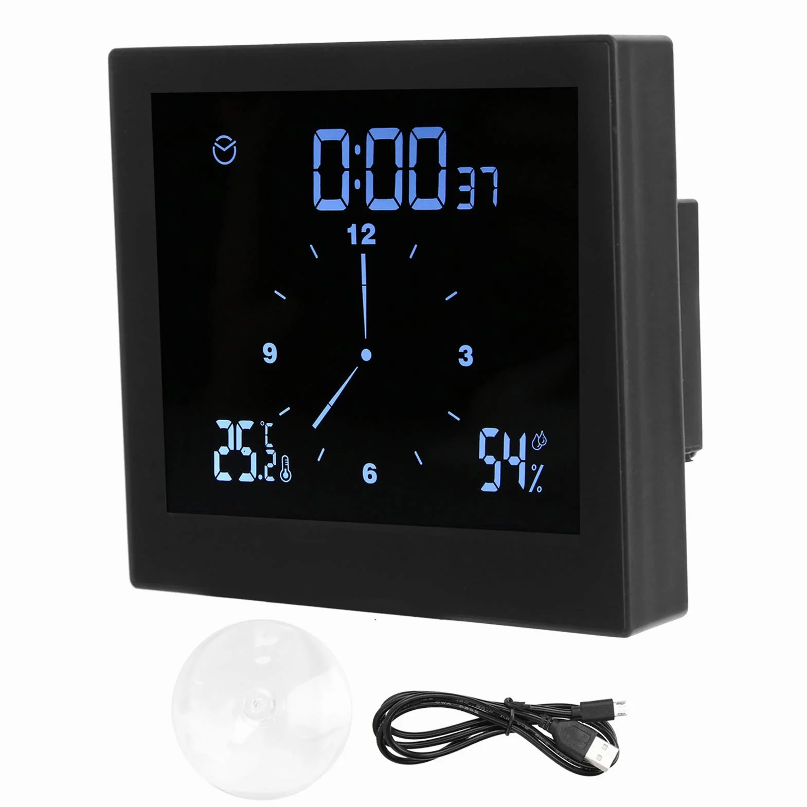 lyrlody Cyfrowy zegar LCD wodoodporny z funkcją odliczania, higrometr termometr do łazienki 3,5x10,5x11,5 cm czarny