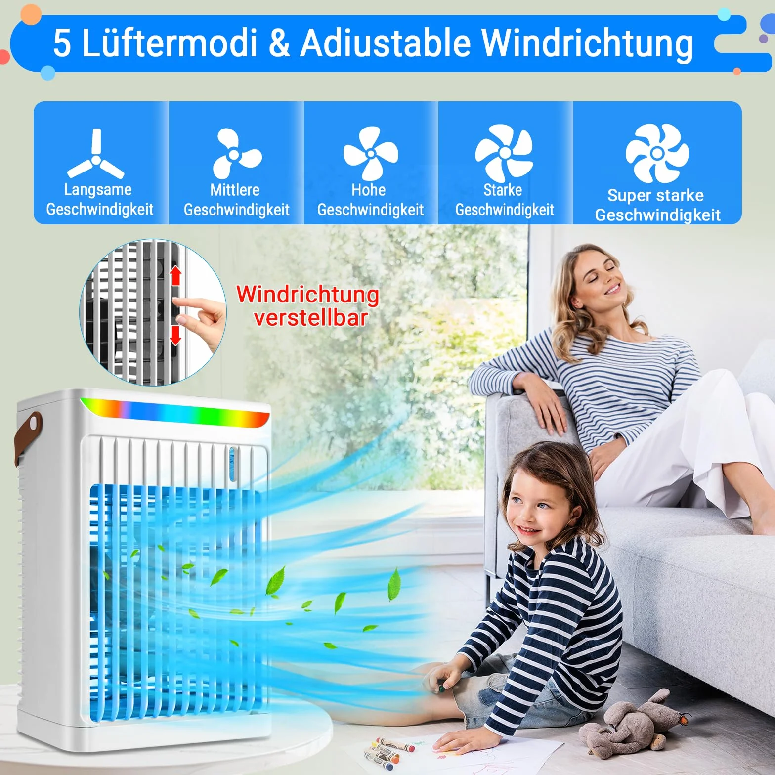Przenośny mini klimatyzator 5 w 1 z 5 prędkościami nawiewu, 2 mgiełkami, timerem 2/4/6 H i LED, biały