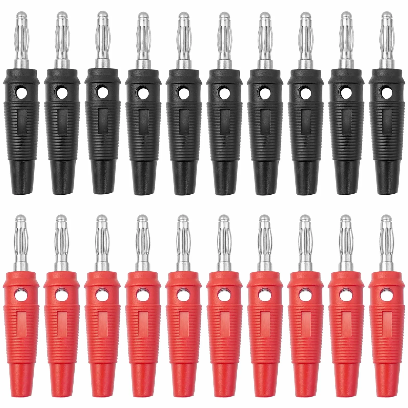 20 sztuk 4 mm Złącze głośnika bananowego, bez lutowania, 20 A wtyki bananowe do głośników, wzmacniaczy, odbiorników AV, systemów stereo HiFi, 10, czarny i 10, czerwony