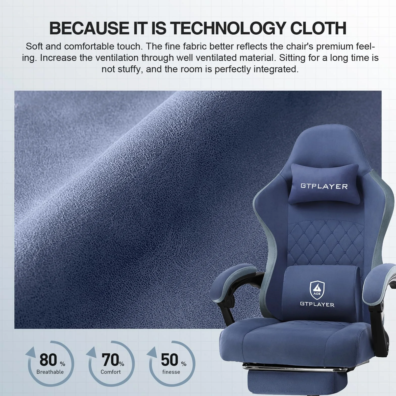 GTPLAYER Fotel gamingowy z podnóżkiem, ergonomiczny, wysoki oparcie, granatowy