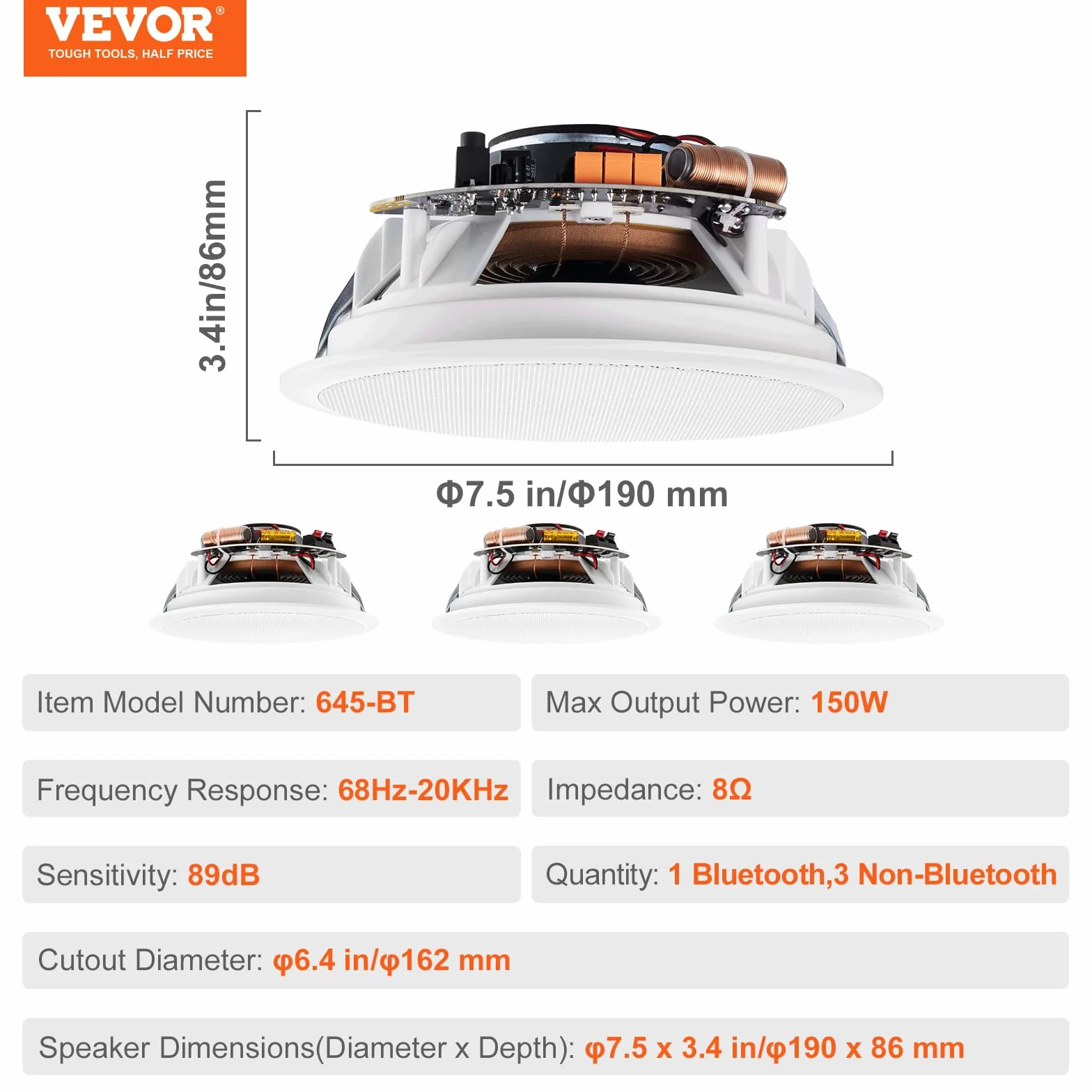 VEVOR Zestaw 4 głośników sufitowych Bluetooth ok. 17 cm, 150 W, system głośników ściennych o impedancji 8 Ω i czułości 89 dB, do kuchni w domu, salonie, sypialni lub zadaszonych werandach