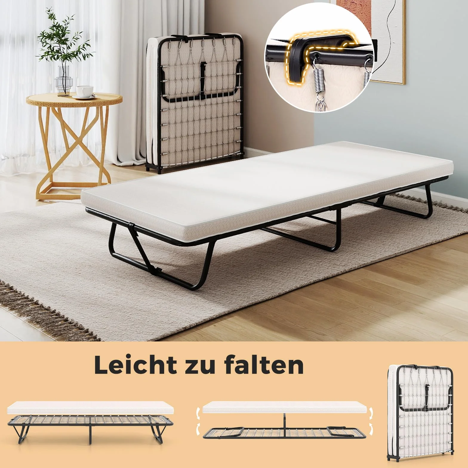COSTWAY Składane łóżko pojedyncze z materacem 190x80 cm metalowa rama pianka memory 170 kg