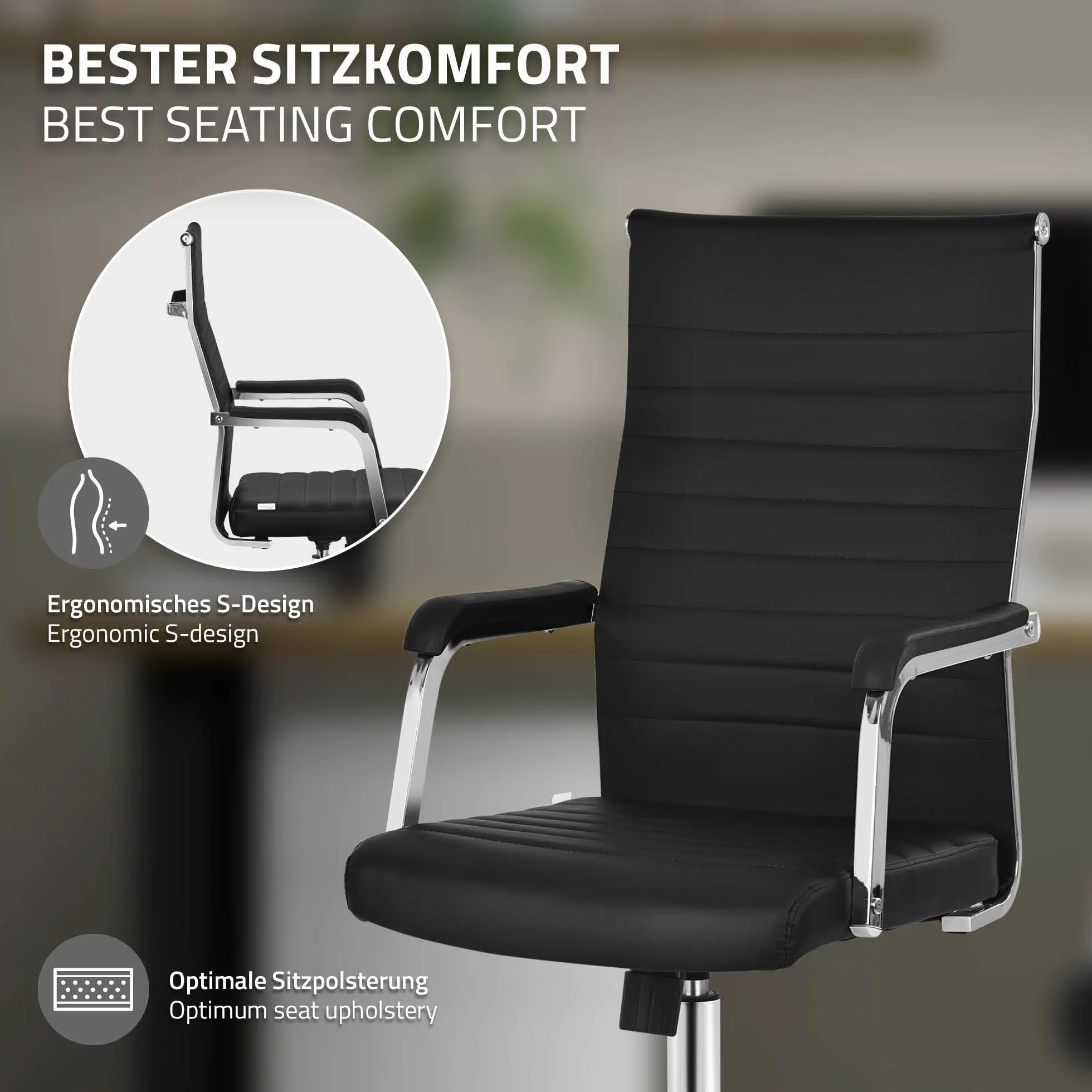 ML-Design Ergonomiczne Krzeslo Biurowe Czarne Regulowane Krzeslo Komputerowe z Podlokietnikami Ekoskóra Chromowana Stalowa Rama Fotel Obrotowy na Kólkach z Funkcja Bujania Krzeslo do Pracy Biura
