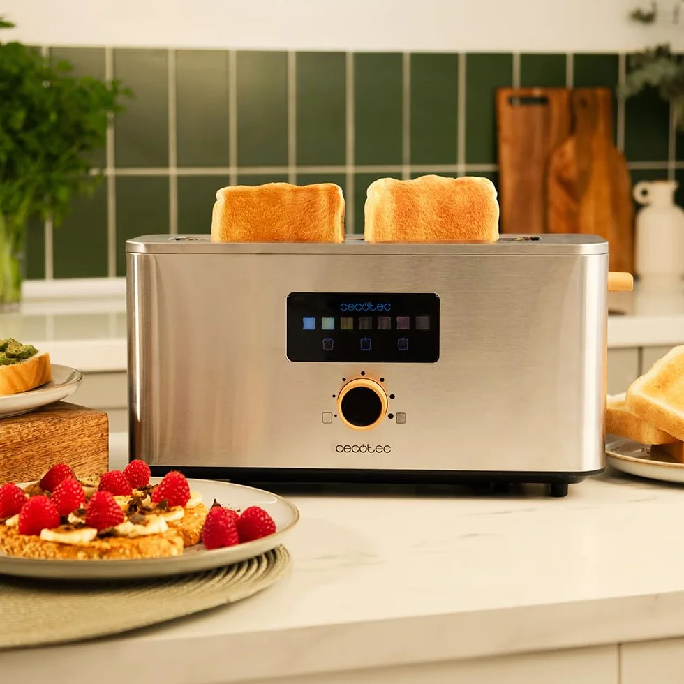 Cecotec Toster pionowy 1 bardzo długie szczeliny Touch&Toast Extra. 1000 W, 24 kromki chleba, ekstra szeroka szczelina 3,5 cm, ekran dotykowy i cyfrowe koło, wykończenie ze stali nierdzewnej
