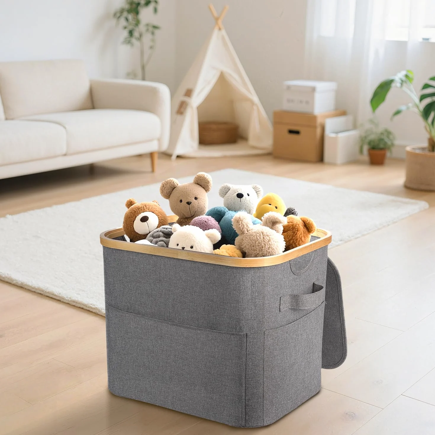 OUSFOT Kosz na brudną bieliznę 50 l, łatwy montaż kosza na bieliznę z uchwytami, 600D Oxford Fabric Brodzik, kosz na pranie do sypialni, pokoju dziecięcego, łazienki, szary