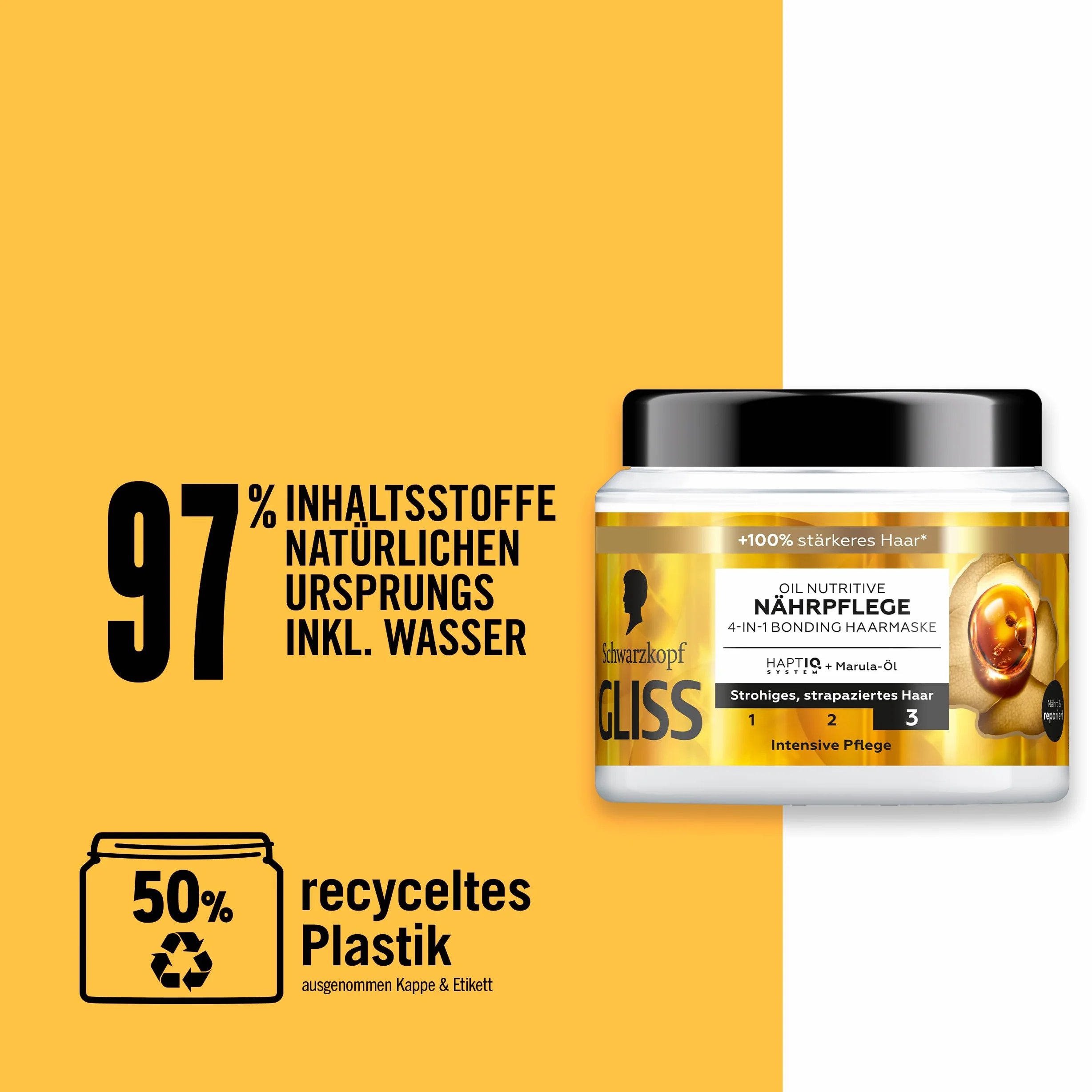 Gliss 4 w 1 kuracja odżywcza Oil Nutritive (400 ml), kuracja do włosów z systemem HAPTIQ i olejkiem Marula odżywia słomkowe, zniszczone włosy, maska do włosów zapewnia zmysłową elastyczność