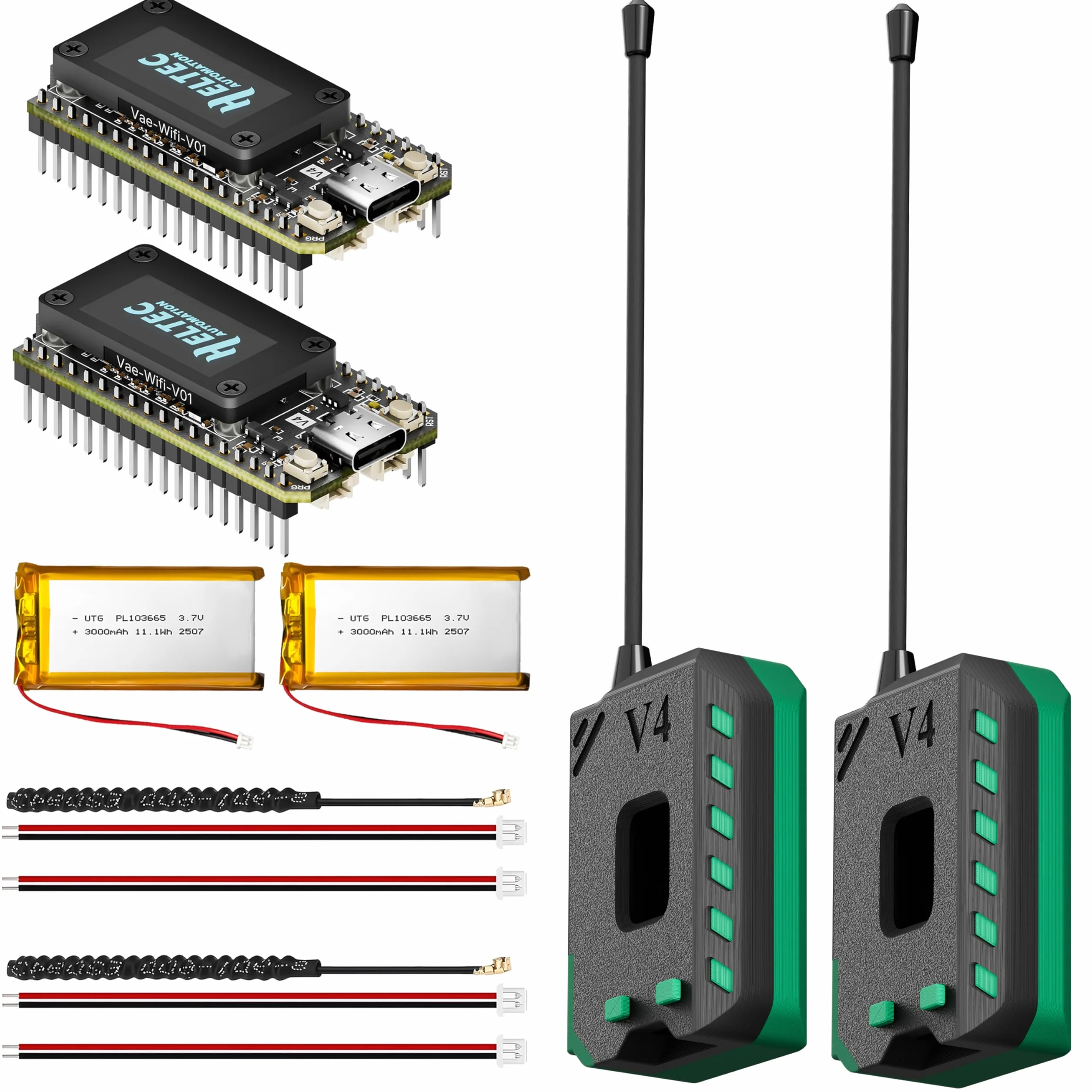 Heltec 2-pak WiFi LoRa 32 V4 z wyświetlaczem OLED 27dBm ESP32-S3 SX1262 kompletny zestaw obudowy baterii do Meshtastic IoT Arduino (2-pak baterii 3000 mAh + antena + obudowa)