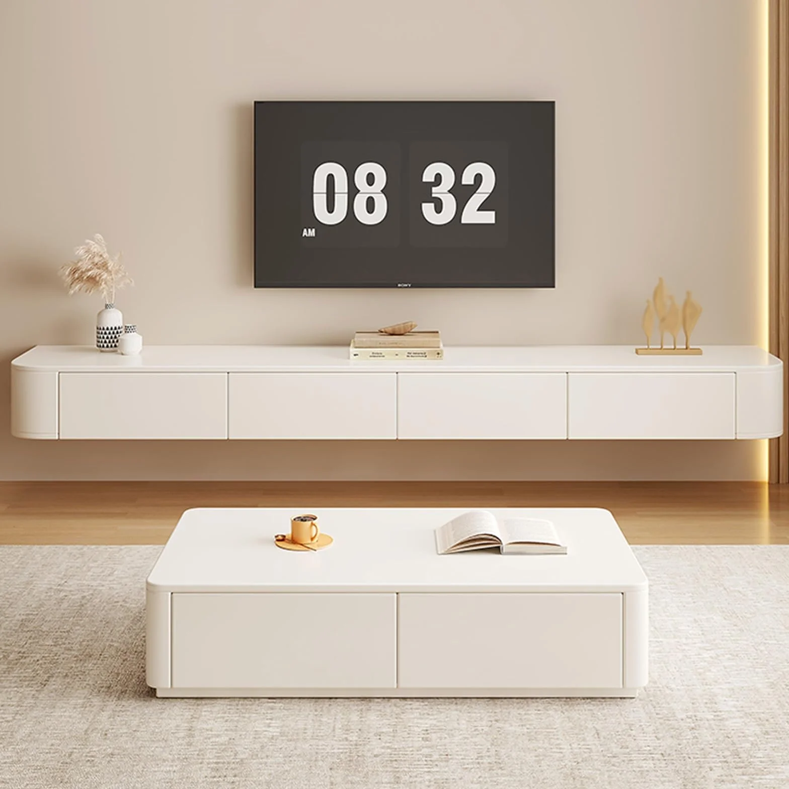 Floating TV Unit Wall Mounted TV Cabinet with 4 Cabinets Wooden Entertainment Media Console Large Storage TV Bench White 200cm