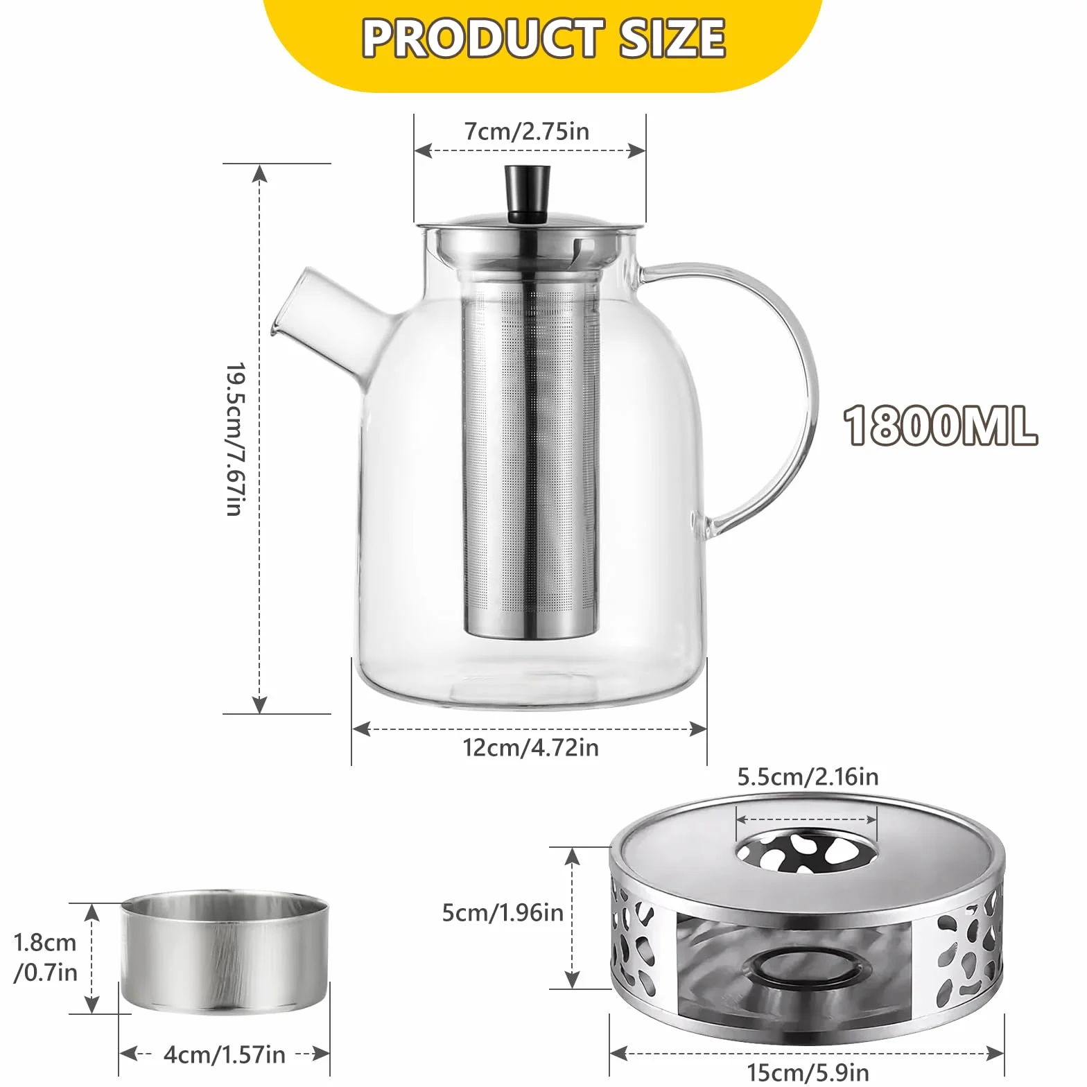 Dzbanek do herbaty z sitkiem, 1800 ml, dzbanek do herbaty z podgrzewaczem, szklany dzbanek do herbaty ze szkła borokrzemowego, zestaw do herbaty sypkiej, torebki herbaty, szklany dzbanek do wszystkich