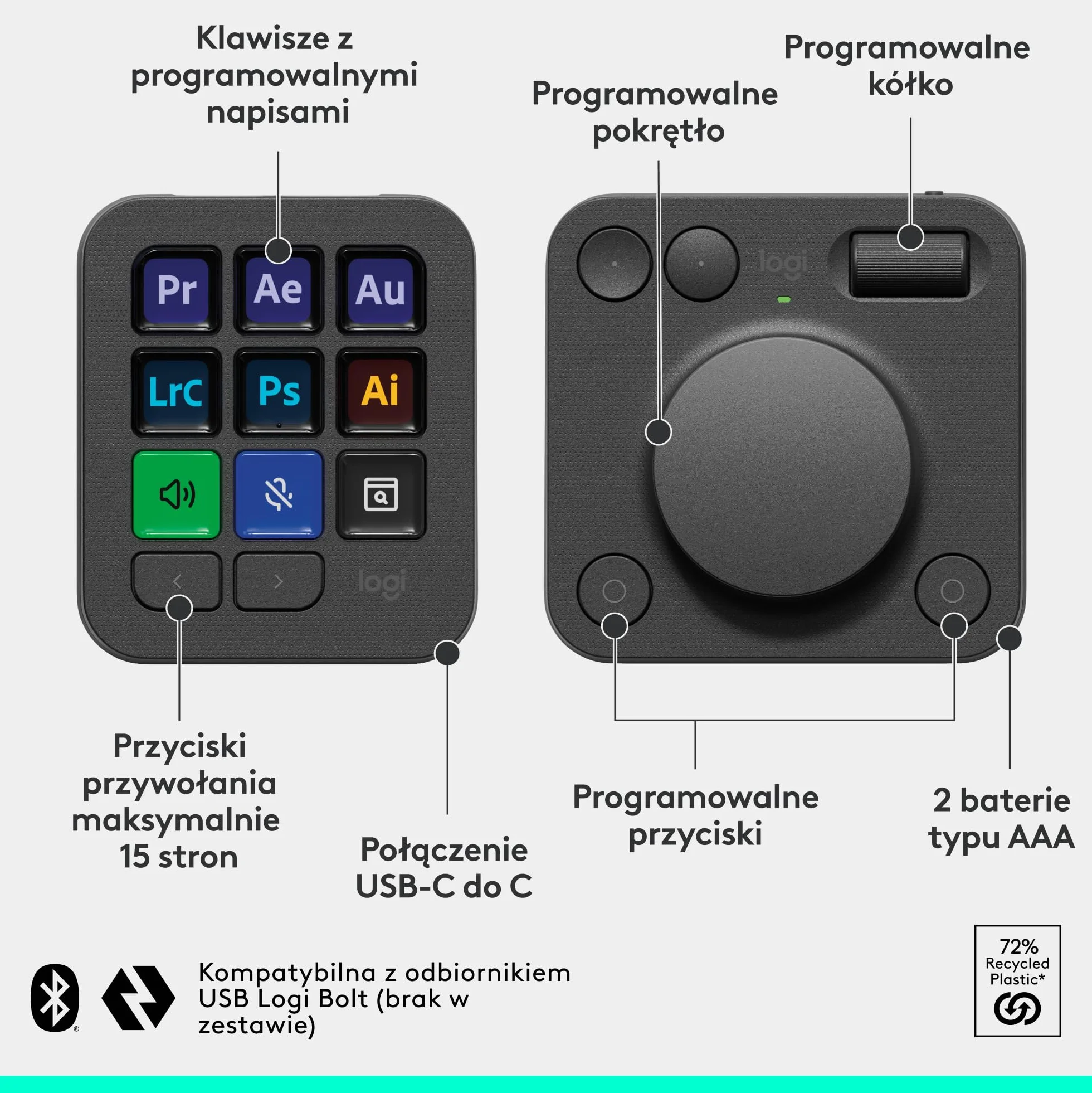 Logitech MX Creative Console, programowalna klawiatura keypad z 9 klawiszami LCD z programowalnymi napisami i pokrętłem sterowania do projektowania graficznego, edycji wideo, fotografii - Grafit