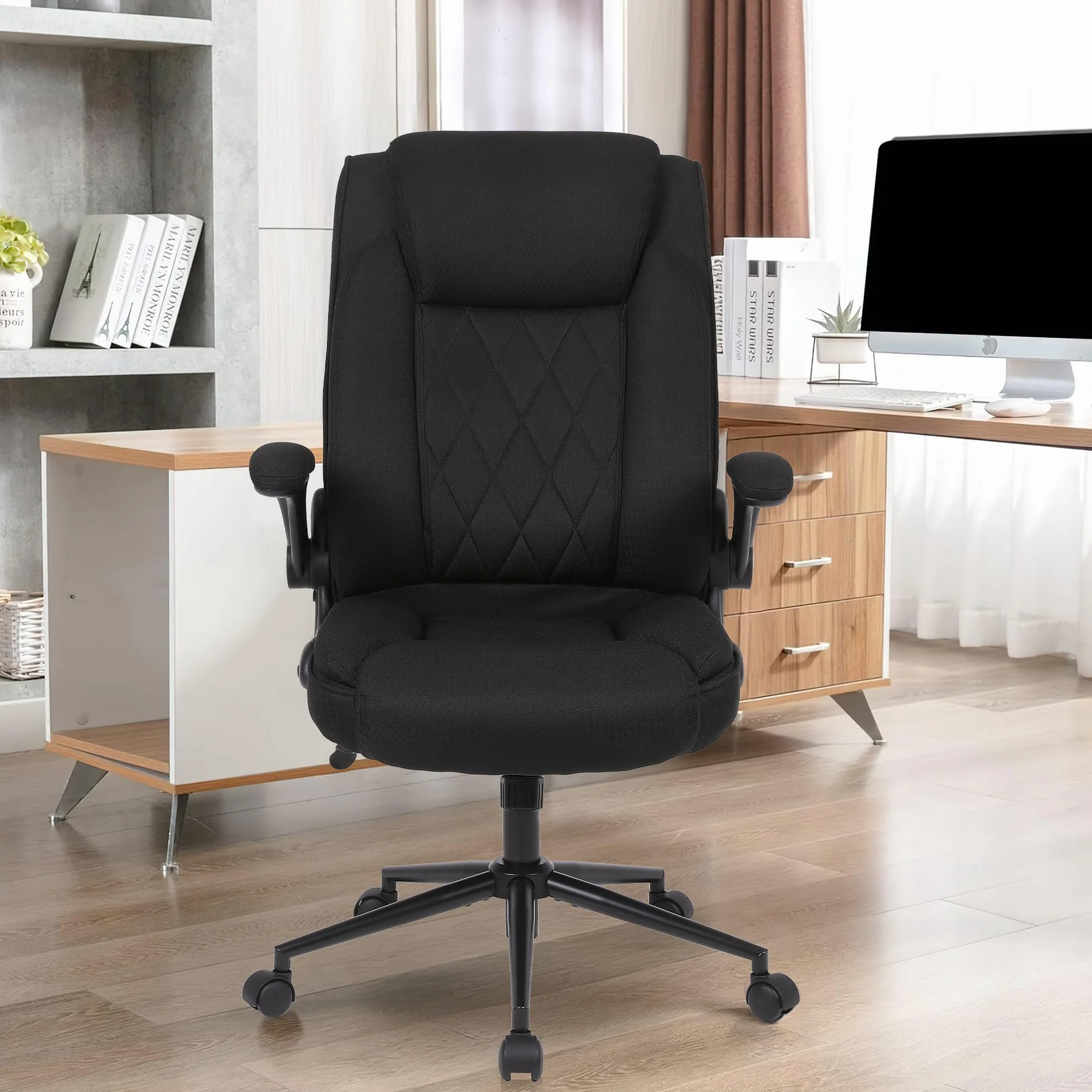 Ergonomiczne krzesło biurowe Flysky, krzesło biurowe z wysokim oparciem i regulacją wysokości, krzesło obrotowe z wygodnym zagłówkiem, krzesło wykonawcze do biura, czarne