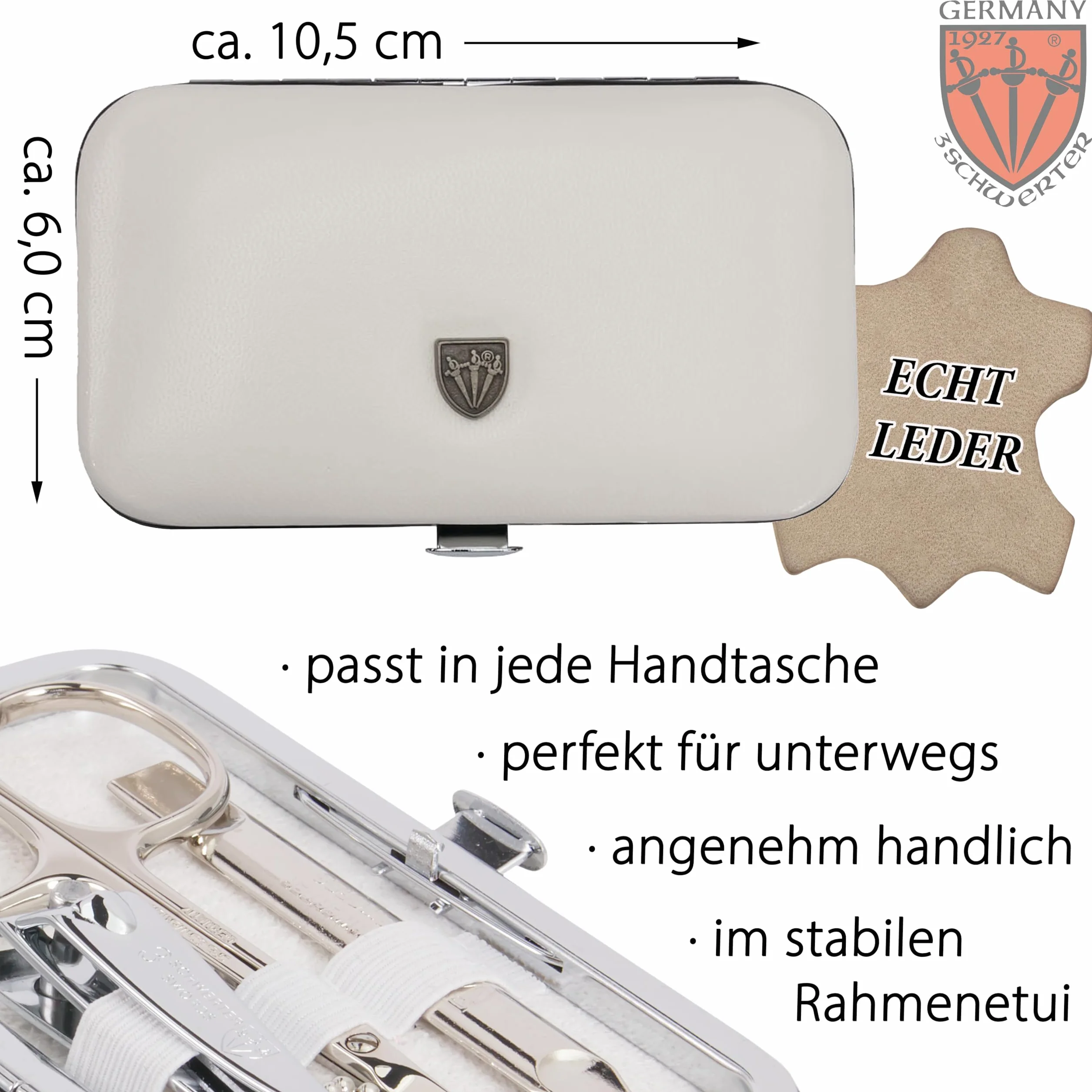 DREI SCHWERTER - 6-częściowy zestaw do manicure "Lucca" | zestaw do paznokci w etui z PRAWDZIWEJ SKÓRY | zawartość: nożyczki do skórki, 2 pęsety, podwójny instrument, obcinacz do paznokci, szafirowy