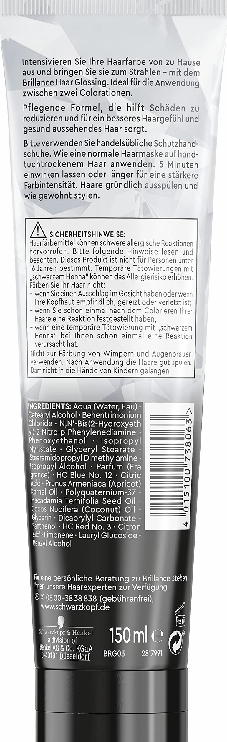Brillance Leczenie połyskujące, błyszczące włosy w kolorze fioletowym (150 ml), pielęgnuje i wzmacnia kolor włosów, może być stosowany jak maska do włosów, utrzymuje do 6 myć