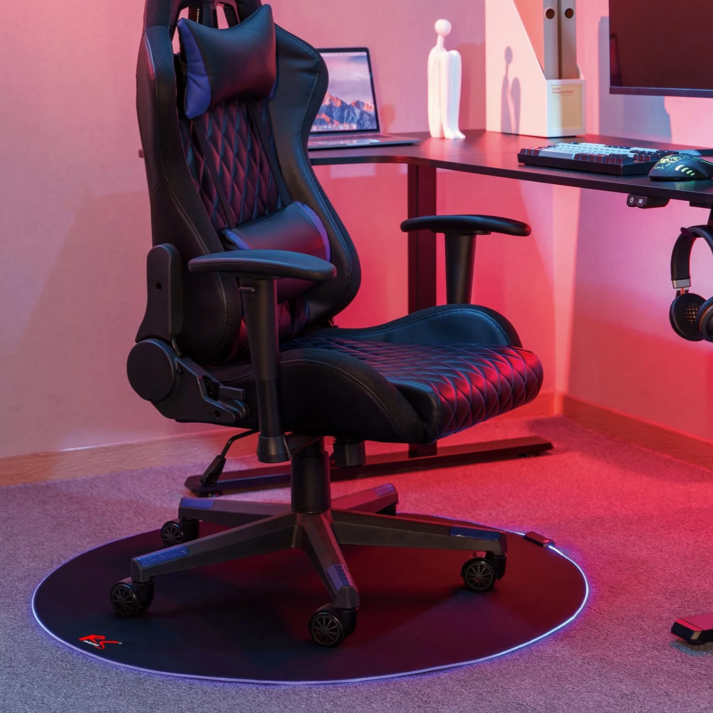 RS171 mata na krzesło gamingowe z podświetleniem RGB, średnica: 100 cm, ochrona podłogi, mata ochronna, podkładka pod krzesło biurowe, antypoślizgowa powierzchnia