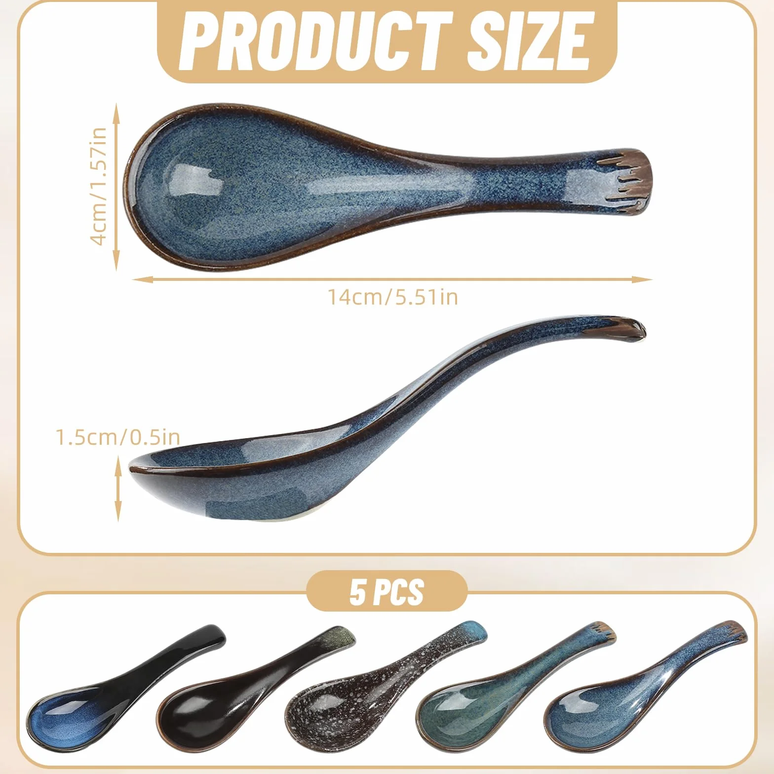 Zestaw 5 azjatyckich łyżek do zupy, japońskie łyżki ceramiczne, w stylu retro, chińska łyżka do zup, pierogów i potraw jednogarnkowych, idealna do gospodarstwa domowego i jadalni