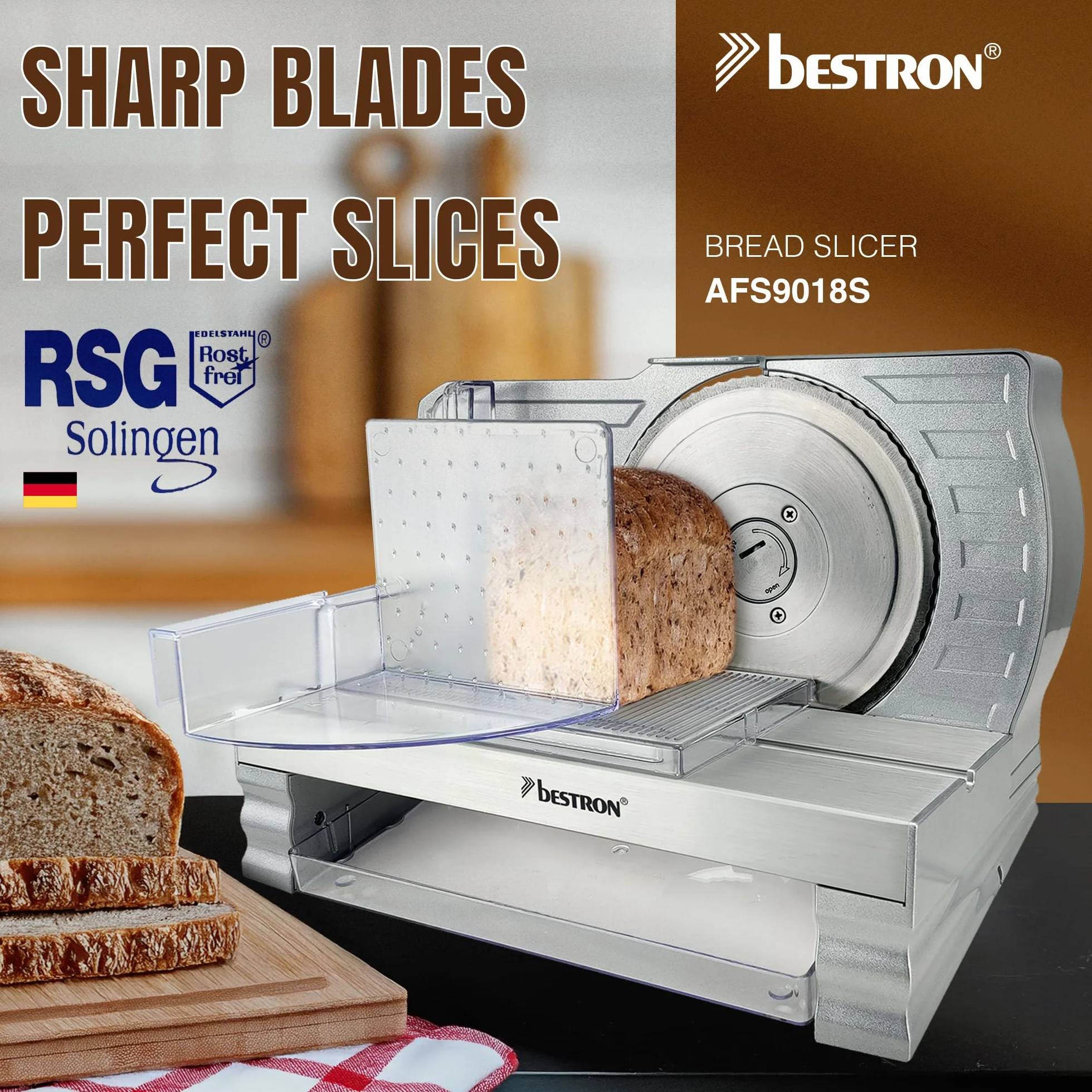 Bestron Krajalnica do chleba, z ostrzem ze stali nierdzewnej RSG – Made in Germany, bezstopniowa regulacja grubości cięcia 0-20 mm, uniwersalna krajalnica z przyciskiem zmiany do pracy automatycznej i