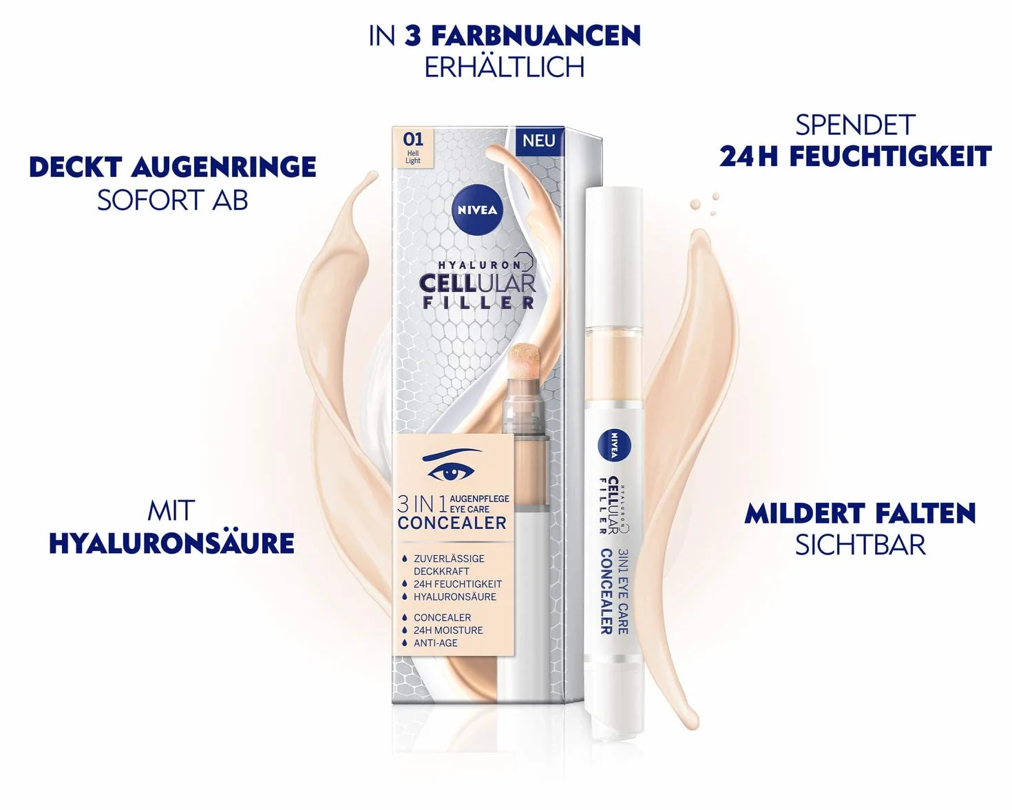 NIVEA HYALURON CELLULAR Filler Krem korygujący cienie pod oczami 3w1 z kwasem hialuronowym, odcień jasny, 4 ml