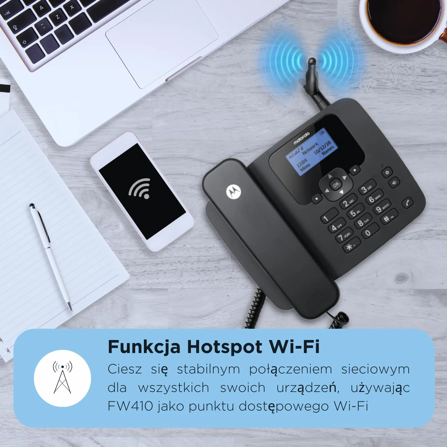 Motorola Voice - FW410L 4G Telefon stacjonarny bezprzewodowy, punkt dostępu Wi-Fi, karta SIM, zapasowa bateria, tryb głośnomówiący, czterozakresowy GSM, przekierowywanie połączeń