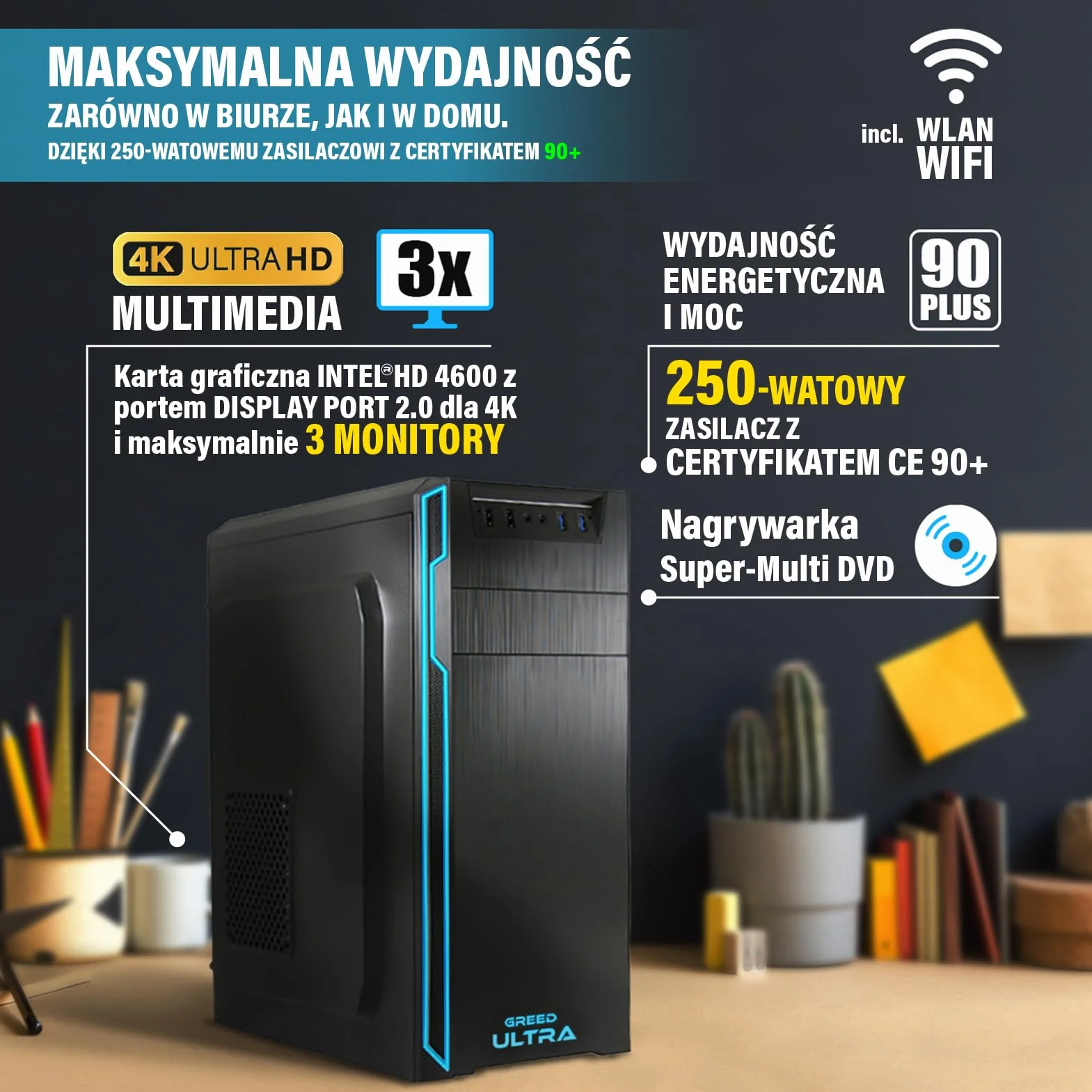 GREED® Ultra PC z Intel Core 12th Gen – szybki komputer + Computer o częstotliwości 4,4 GHz, 16 GB RAM/pamięć operacyjna - 1TB SSD + 1TB HDD - DVD+RW - USB 3.0 - WLAN, Windows 11 Pro