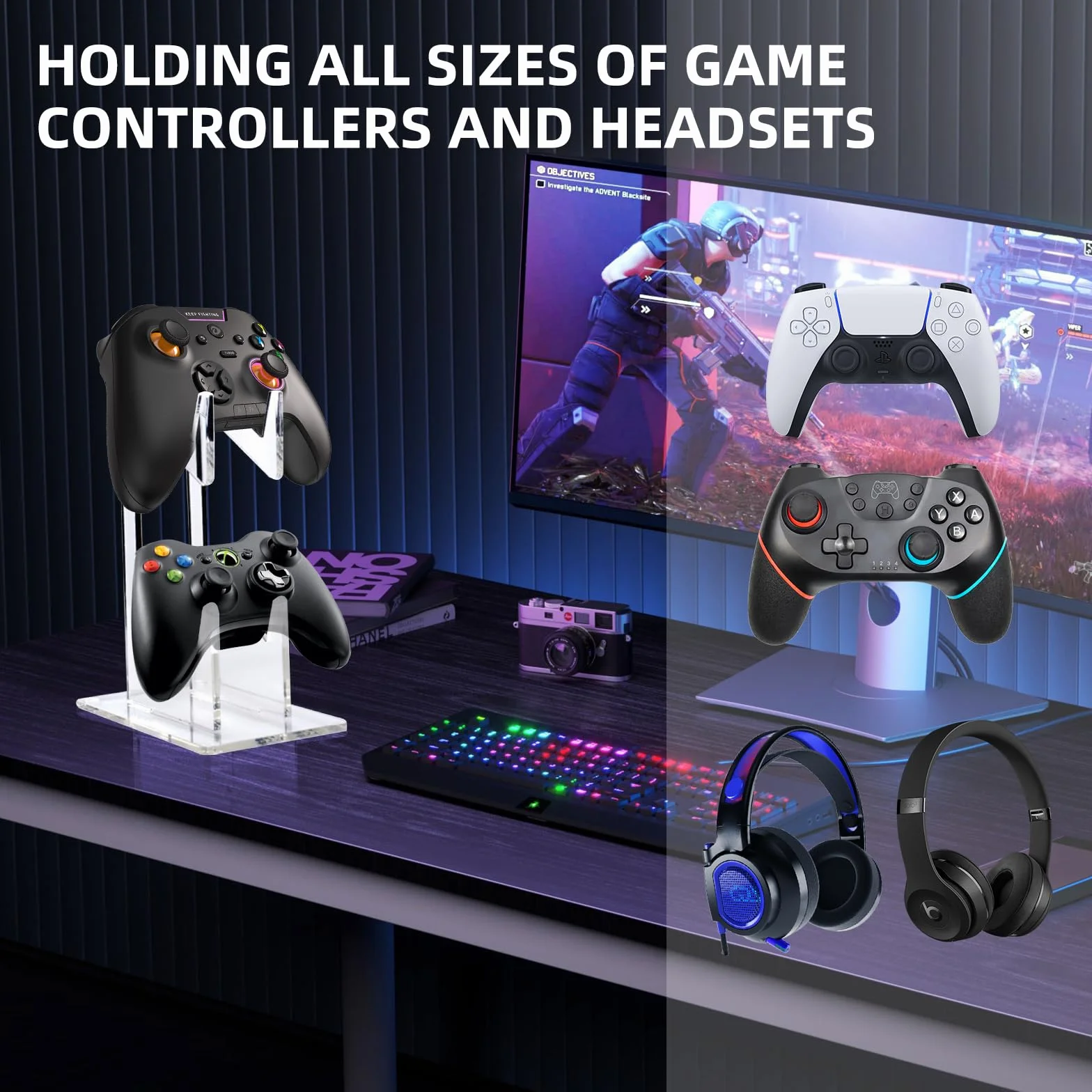 Sophisticate Akrylowy uniwersalny stojak na słuchawki i kontroler 2 w 1 do PS4/PS5/Xbox/Xbox 360 - akcesoria do gier o tematyce kosmicznej