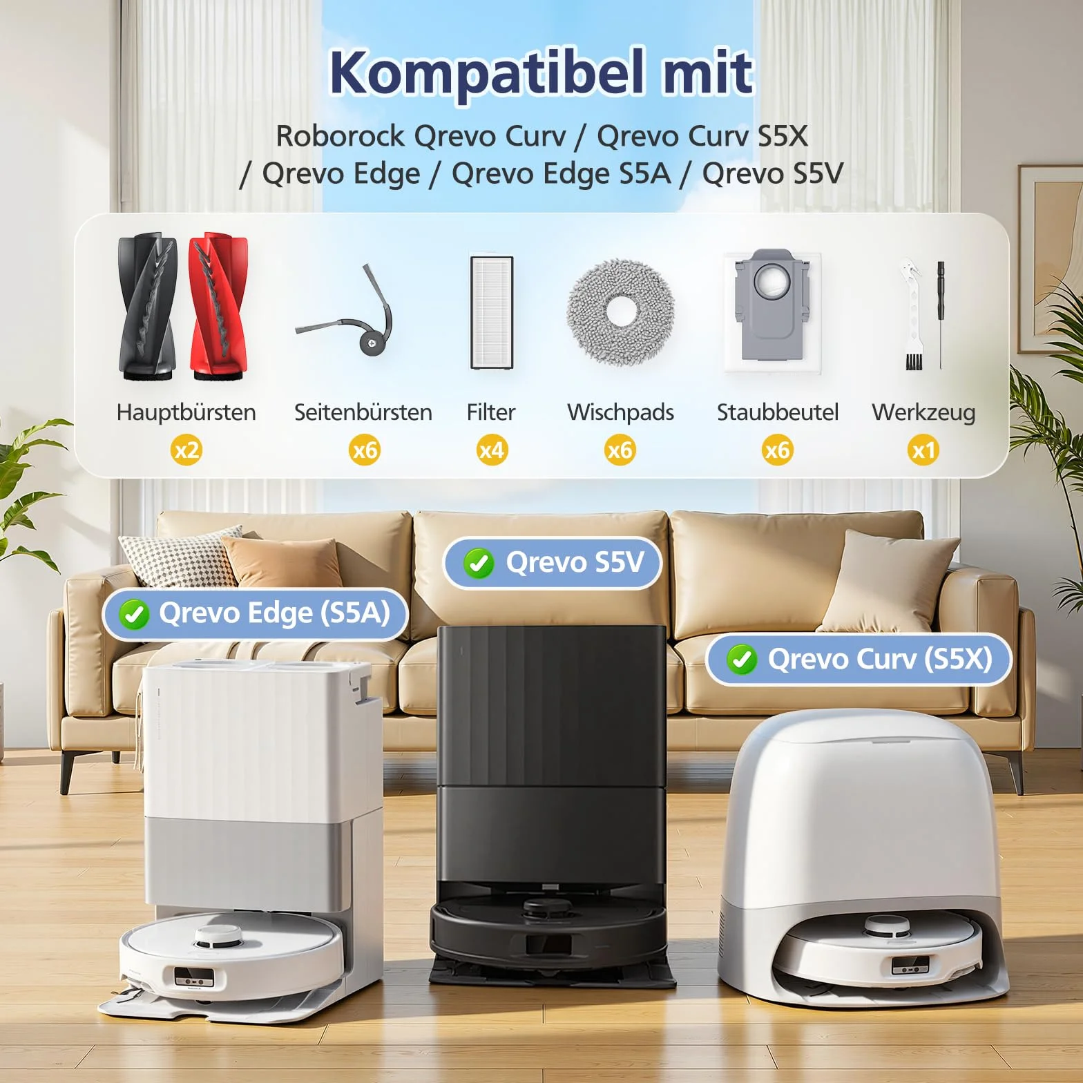26 sztuk akcesoriów do Roborock Qrevo Curv/Qrevo Curv S5X / Qrevo/Qrevo Edge S5V robot odkurzający, 2 główne szczotki, 6 worków do kurzu, 6 podkładek do wycierania, 4 filtry, 6 szczotek bocznych, 1
