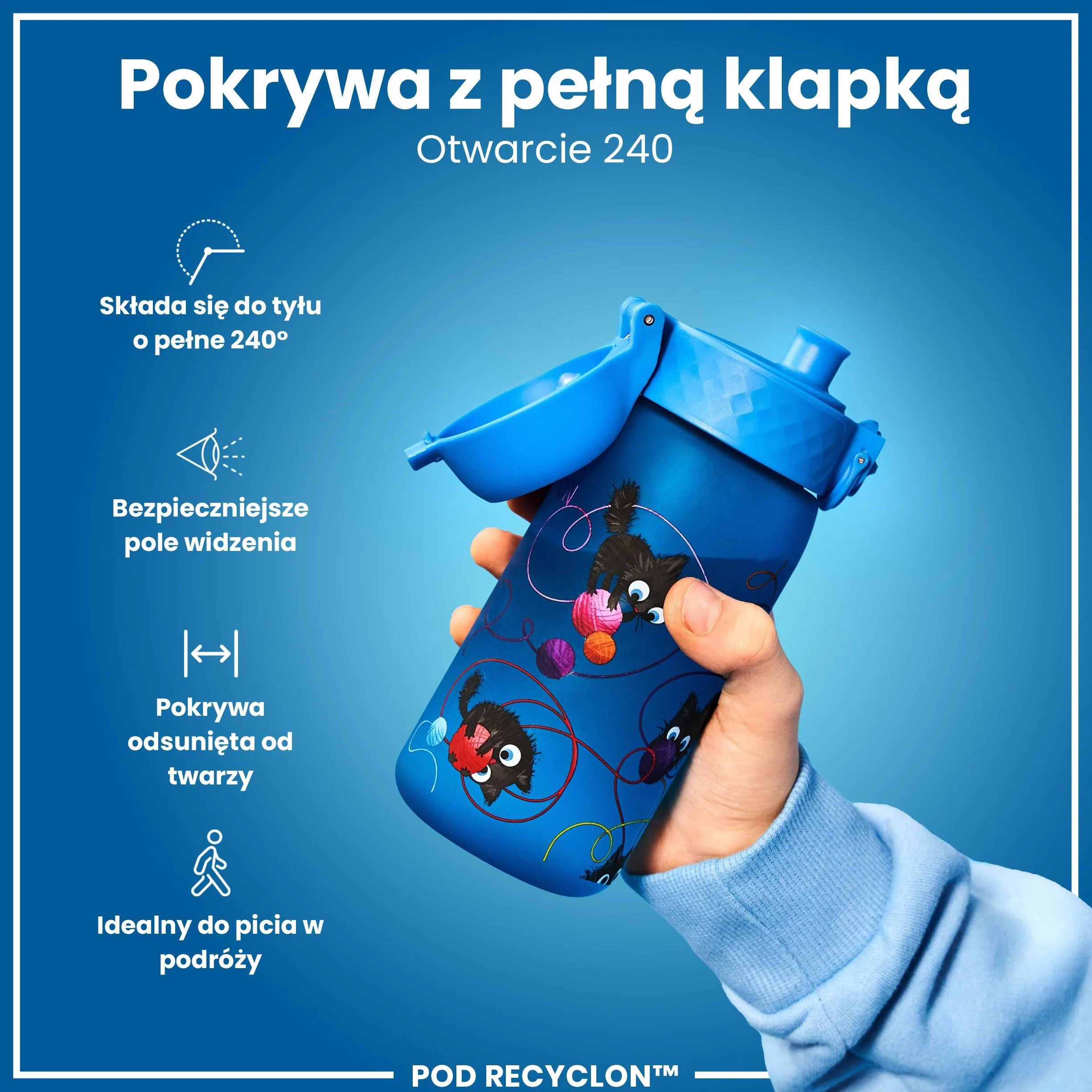 ION8 Butelka dla Dzieci, 350 ml/12 oz, Szczelna, Łatwa do Otwarcia, Bezpieczny Zamek, Można Myć w Zmywarce, Bez BPA, Uchwyt do Przenoszenia, Łatwa do Czyszczenia, Bezwonny, Koty