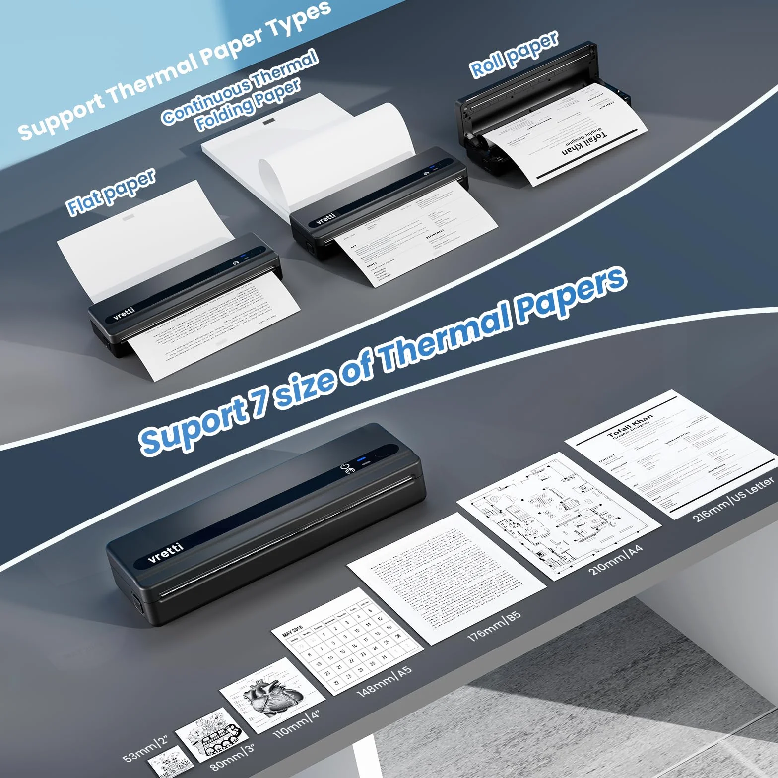 vretti PB821 Przenośna drukarka, Przenośna drukarka termiczna obsługuje drukowanie na papierze termicznym A4, Drukarka termiczna Bluetooth obsługuje iOS i Android, Czarna