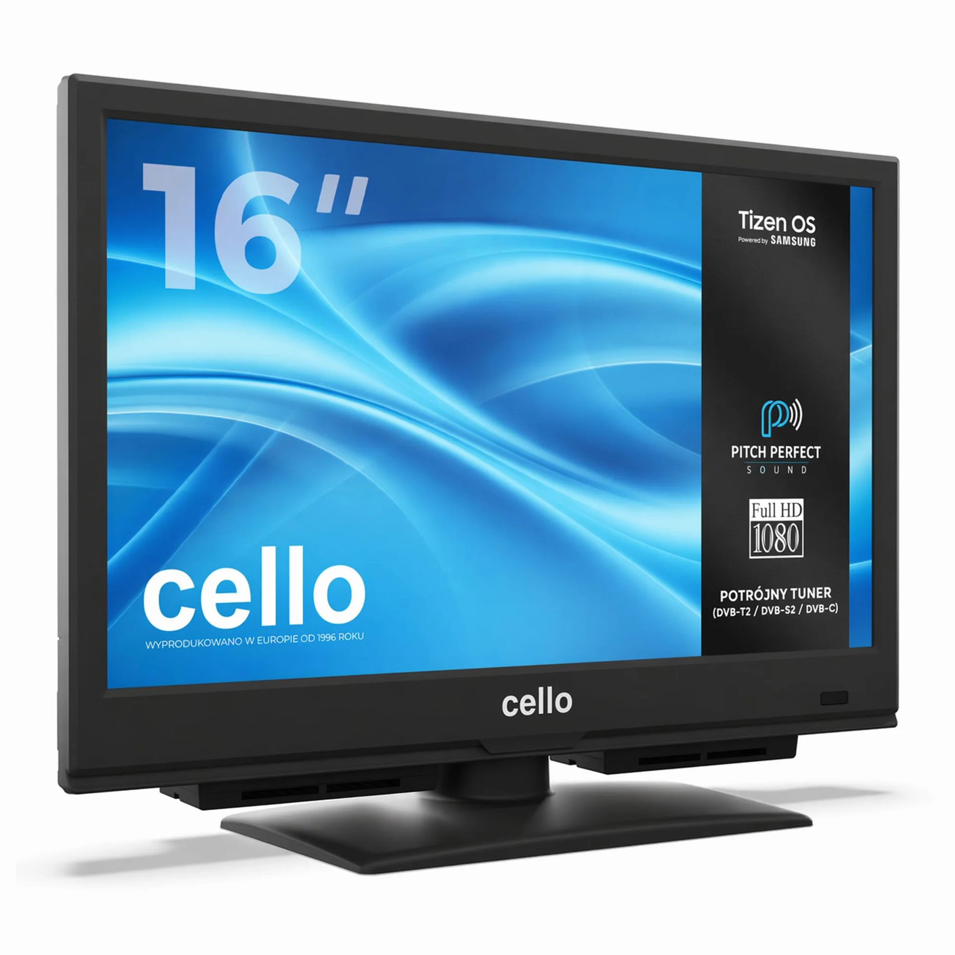 Cello C1626TZH 16" Smart TV z Tizen OS, Cloud gaming, Bluetooth, dźwięk "Pitch Perfect", idealny do kuchni, mieszkań i kompaktowych pomieszczeń, zasilanie sieciowe, potrójny tuner