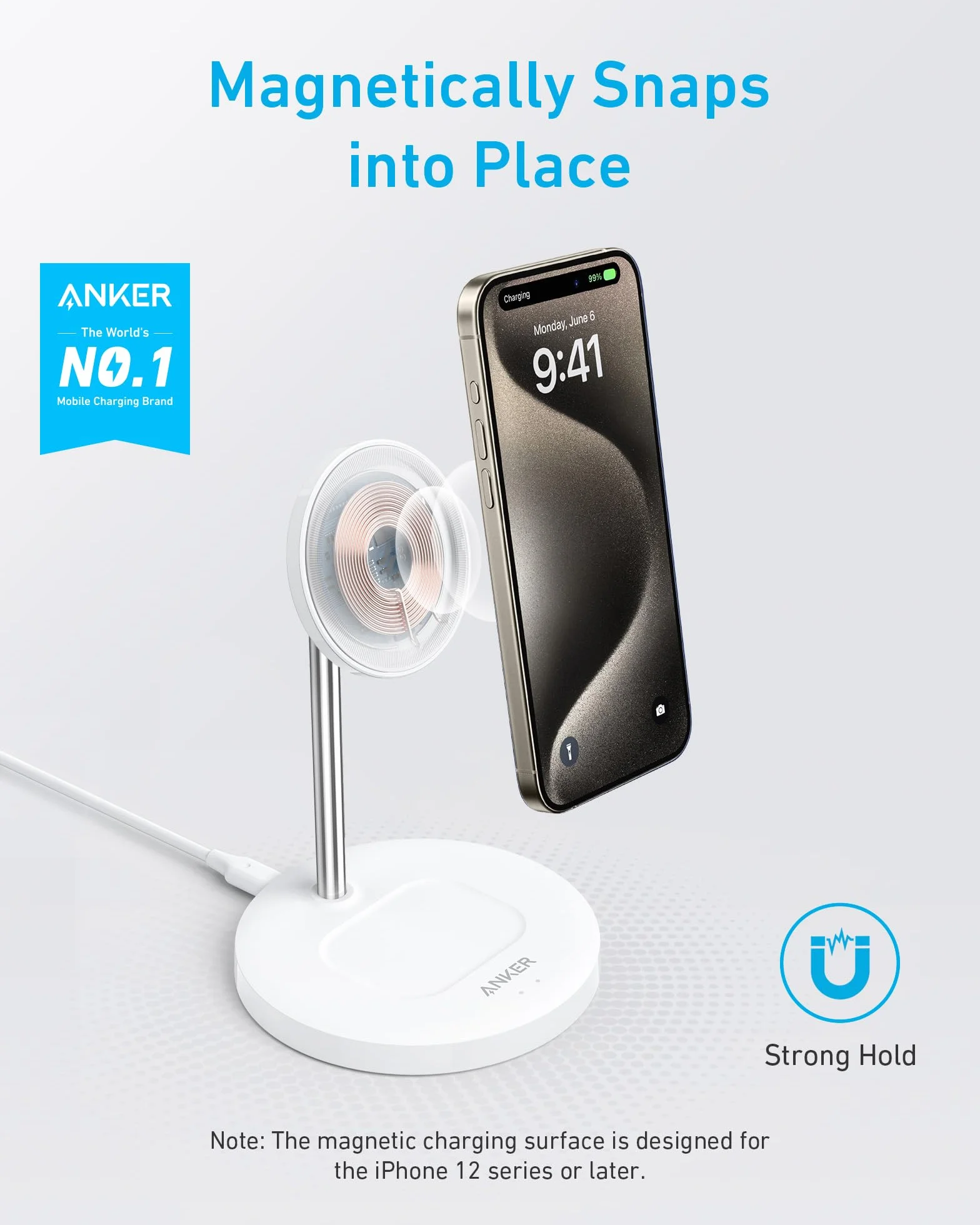 Anker PowerWave magnetyczna stacja ładująca 2 w 1, bezprzewodowa stacja ładująca, ładowarka z kablem USB C o długości 150 cm, kompatybilna z iPhone 13/13Pro/13 Pro Max/13 Mini i AirPods 2/Pro (bez zasilacza)