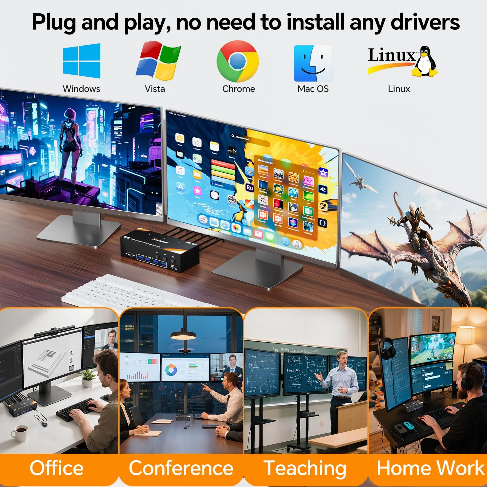 KVM Switch 3 PC 3 monitory 8K 60 Hz / 4K 144 Hz, Displayport 1.4 HDMI 2.1 USB 3.0 KVM przełącznik Triple Monitor do 3 PC części myszy, klawiatury, przewodowy pilot (8K HDMI DP 3 w 3 out
