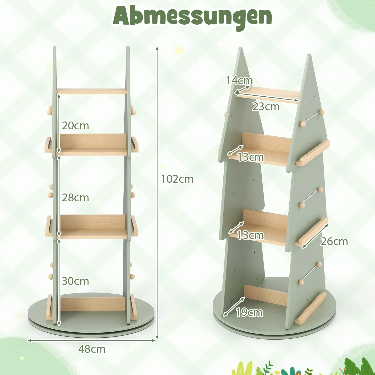 COSTWAY Regał na książki obracany 360° 4 poziomy Ø 48 x 102 cm zielony
