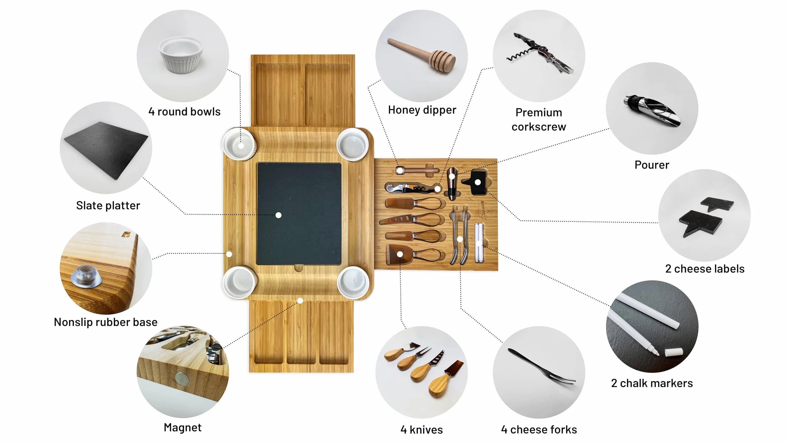 Bambusowa deska do sera i zestaw noży ceramiczne miski otwieracz do wina - 100% organiczna taca do serwowania, deska do wędlin, idealny wybór dla smakoszy, prezentów urodzinowych, prezentów ślubnych