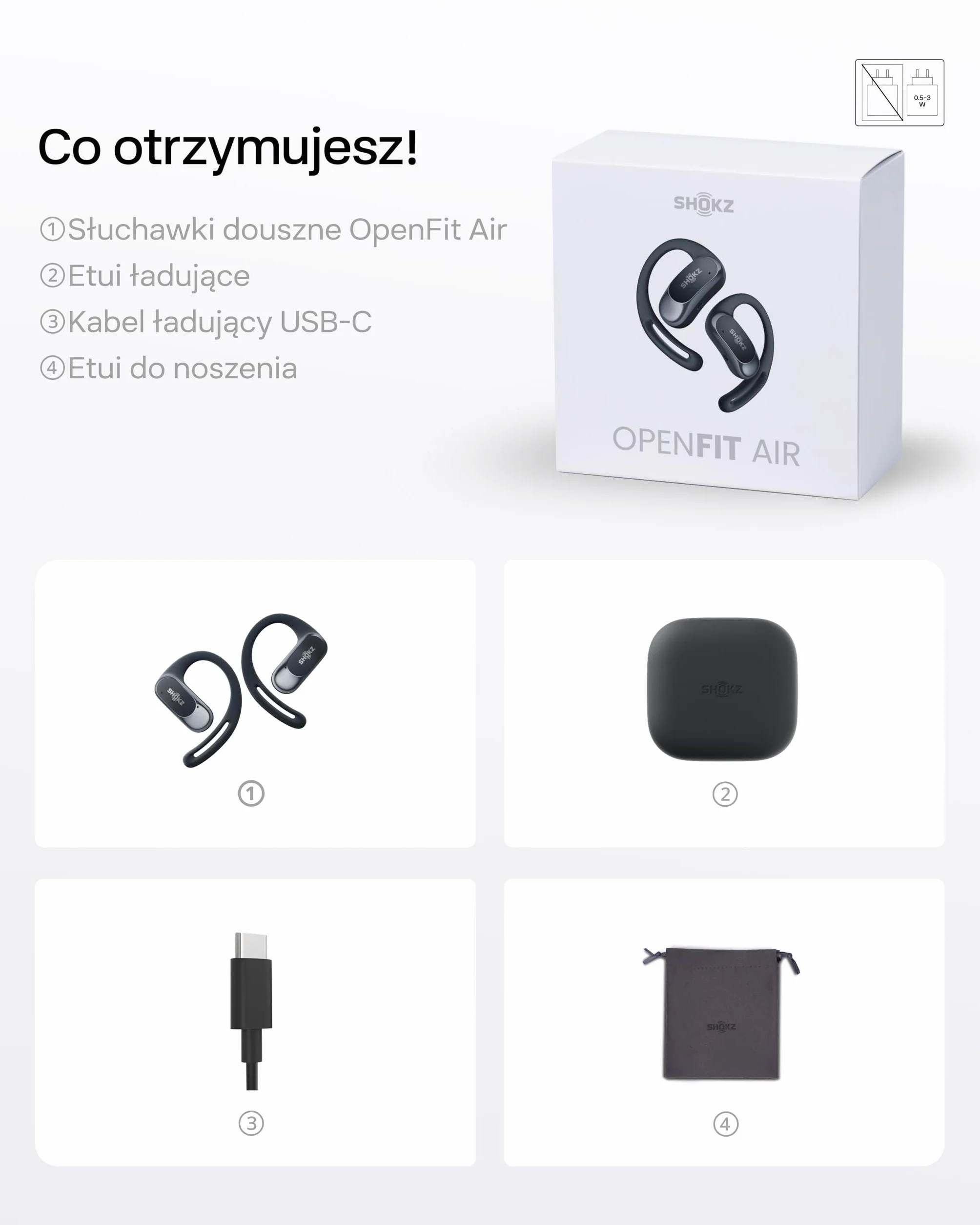 SHOKZ OpenFit Air Open-Ear Słuchawki, Bezprzewodowe Bluetooth Oordopki z Mikrofonem, Oordopki z Lekkimi Oporami, Szybkie Ładowanie, 28h Czasu Pracy, IP54 Wodoszczelność do Ćwiczeń - Czarny