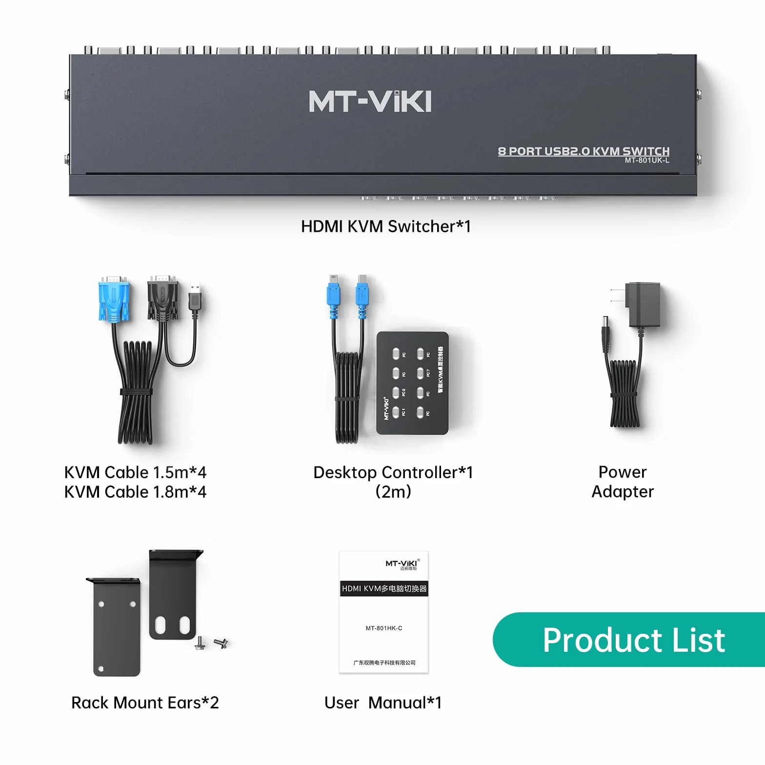 MT-VIKI VGA KVM Switch 8 Port 1U Rackmount KVM Switch 8x1 obsługuje klawiaturę, mysz, głośnik USB, w zestawie kabel 8XKVM, zestaw 2 x stojak