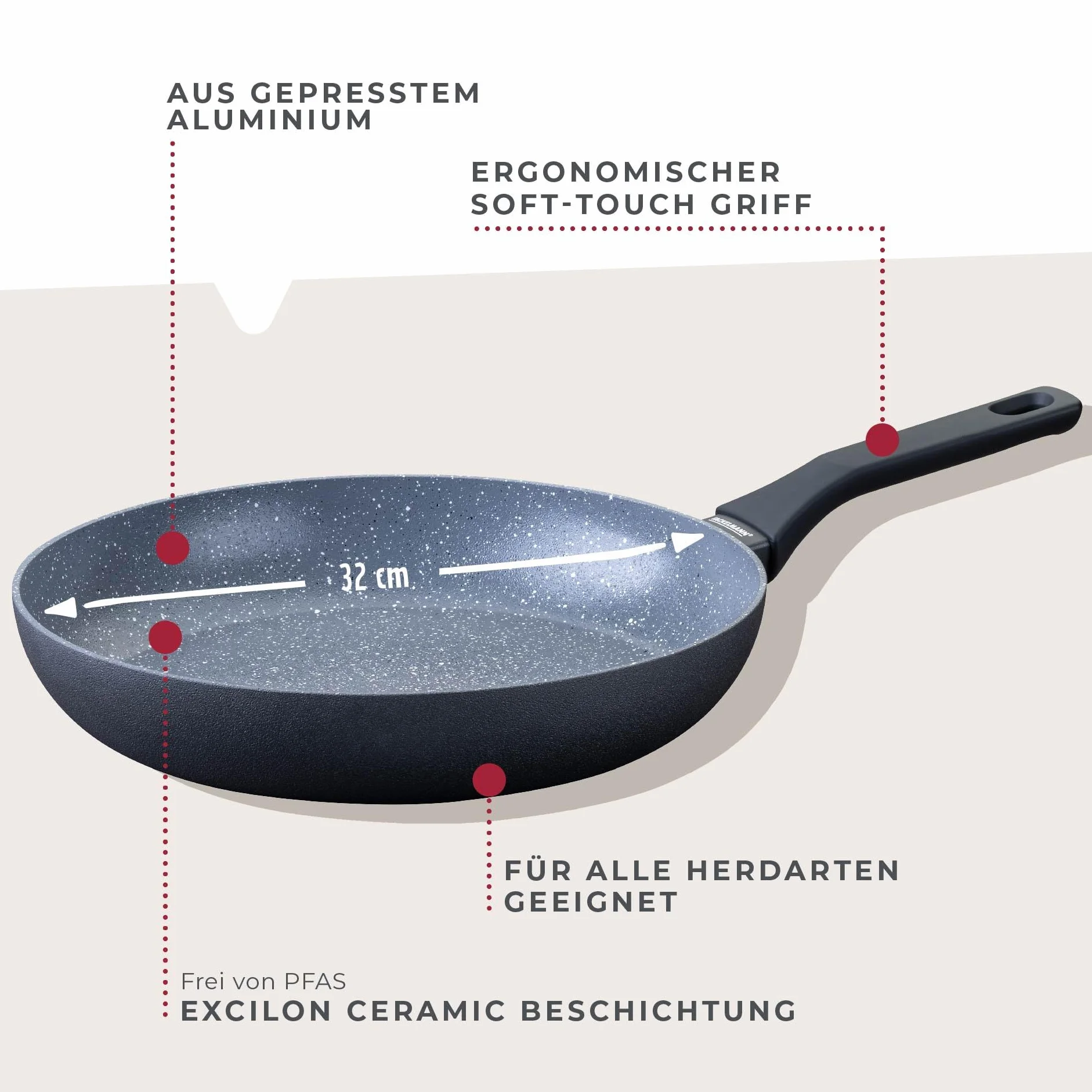 Fackelmann Patelnia Cosmo 32 cm z tłoczonego aluminium powłoka ceramiczna Excilon bez PFAS uchwyt Soft-Touch