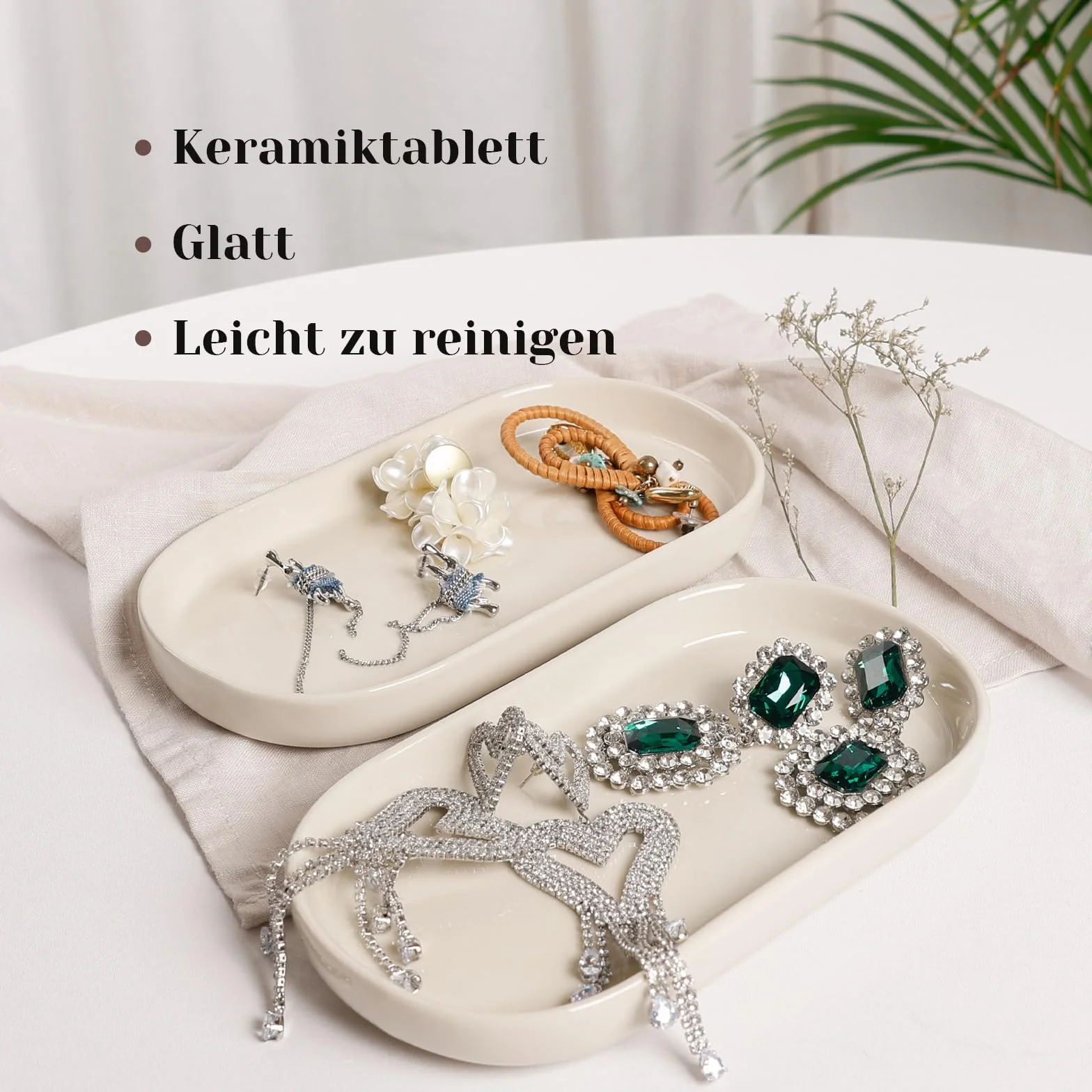 Łazienkowa taca ceramiczna, 2 sztuki owalna taca na kosmetyki, mała taca do toalety i umywalki, wanny, zlewozmywaka kuchennego - kremowo-biała