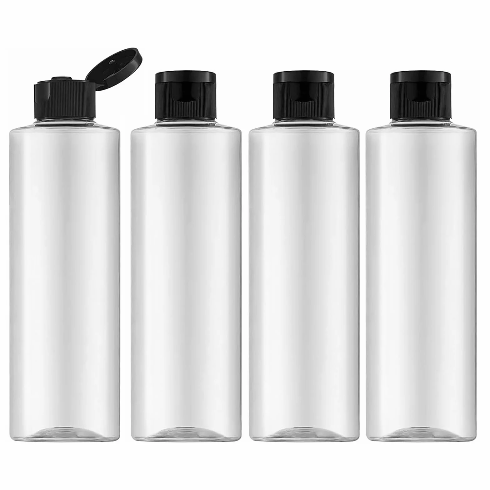 Zestaw butelek podróżnych, 250 ml, z klapką (4 sztuki) pustych dozowników plastikowych butelek, butelki do napełniania kosmetyków z lejkiem (przezroczyste)