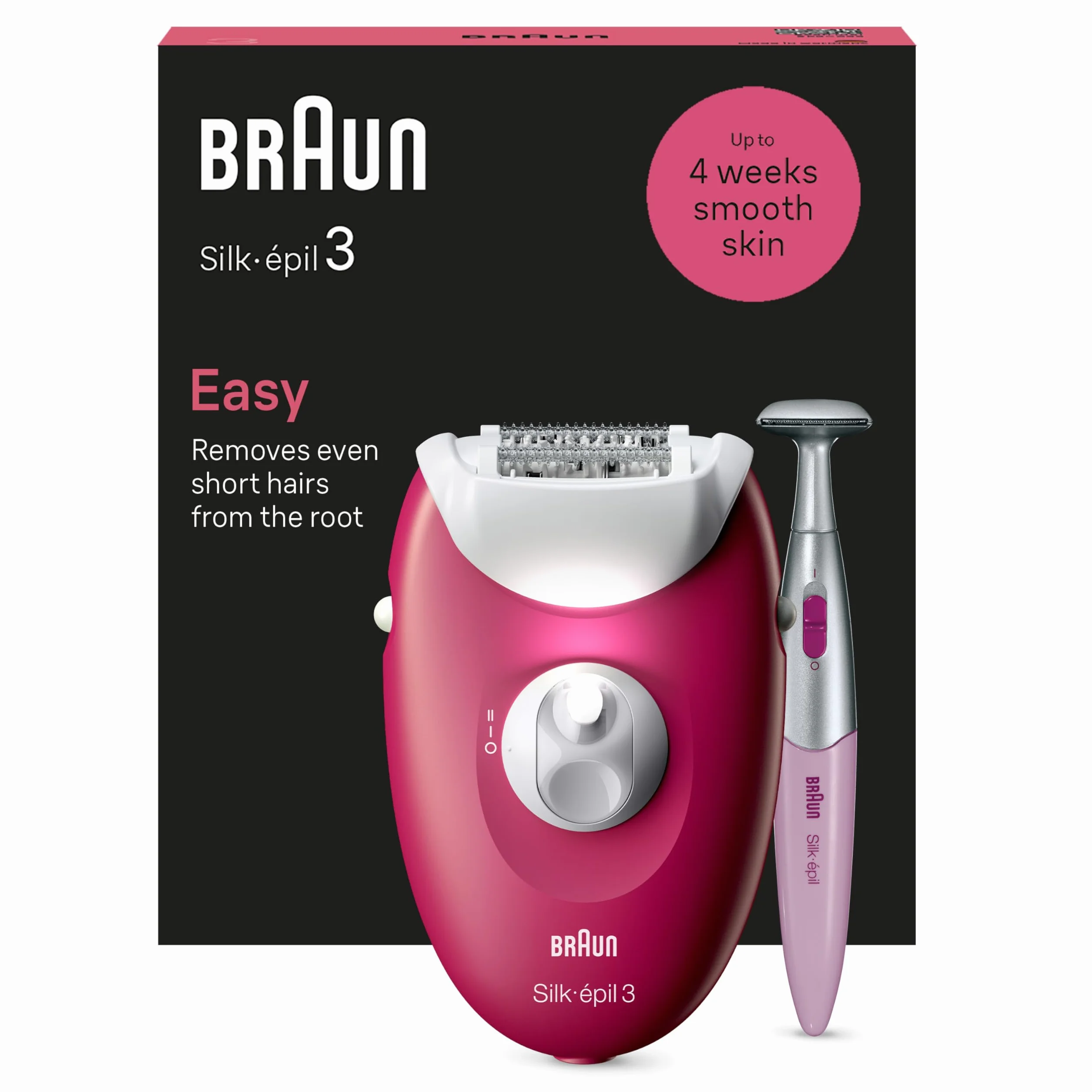 Braun Silk-épil 3, przewodowy depilator damski do usuwania włosów, nasadki do golarki, trymera i masażu ciała, 3-202, malinowy